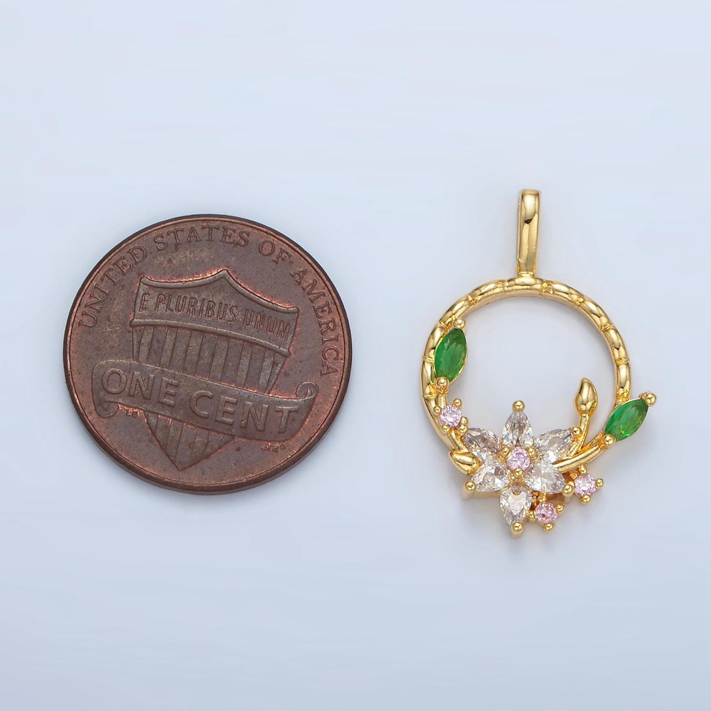 Round open leaf & flower cz wreath 24k gold filled charm aa-128
