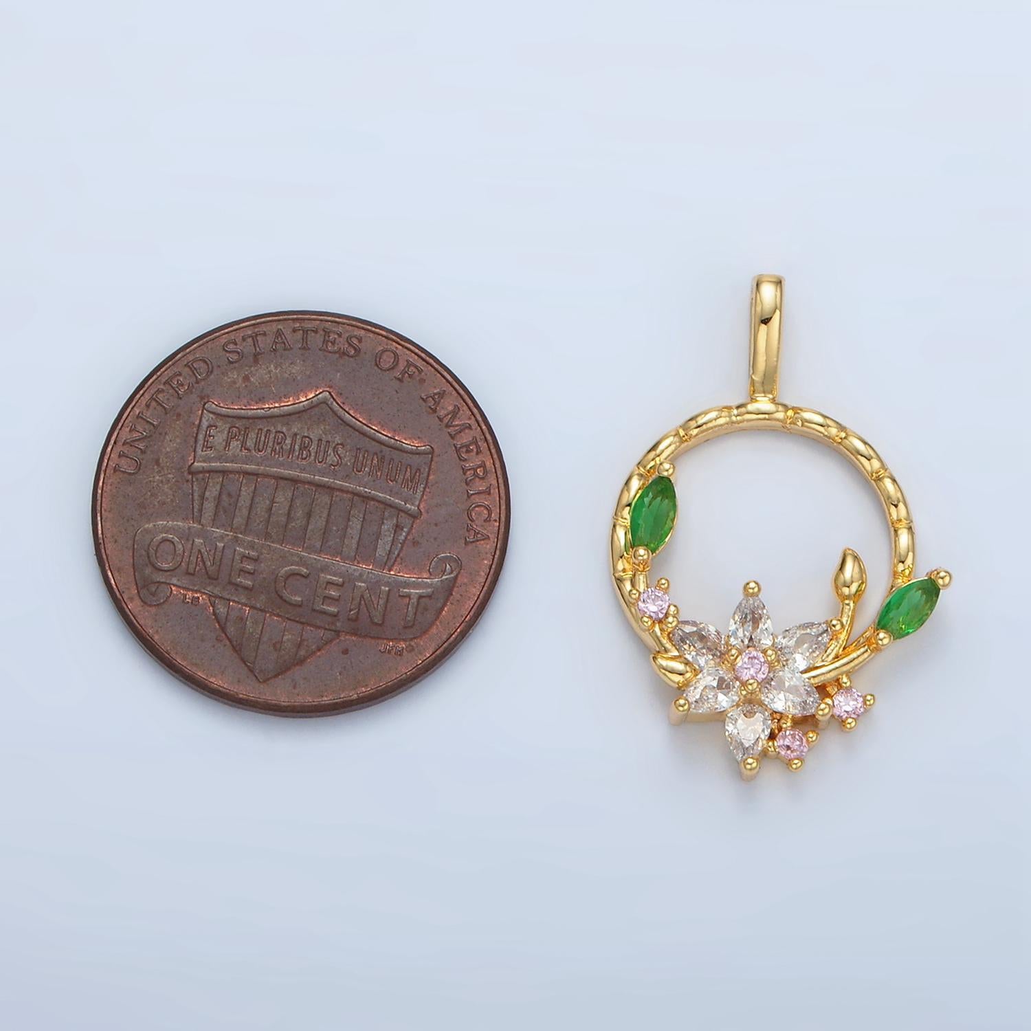 Round open leaf & flower cz wreath 24k gold filled charm aa-128