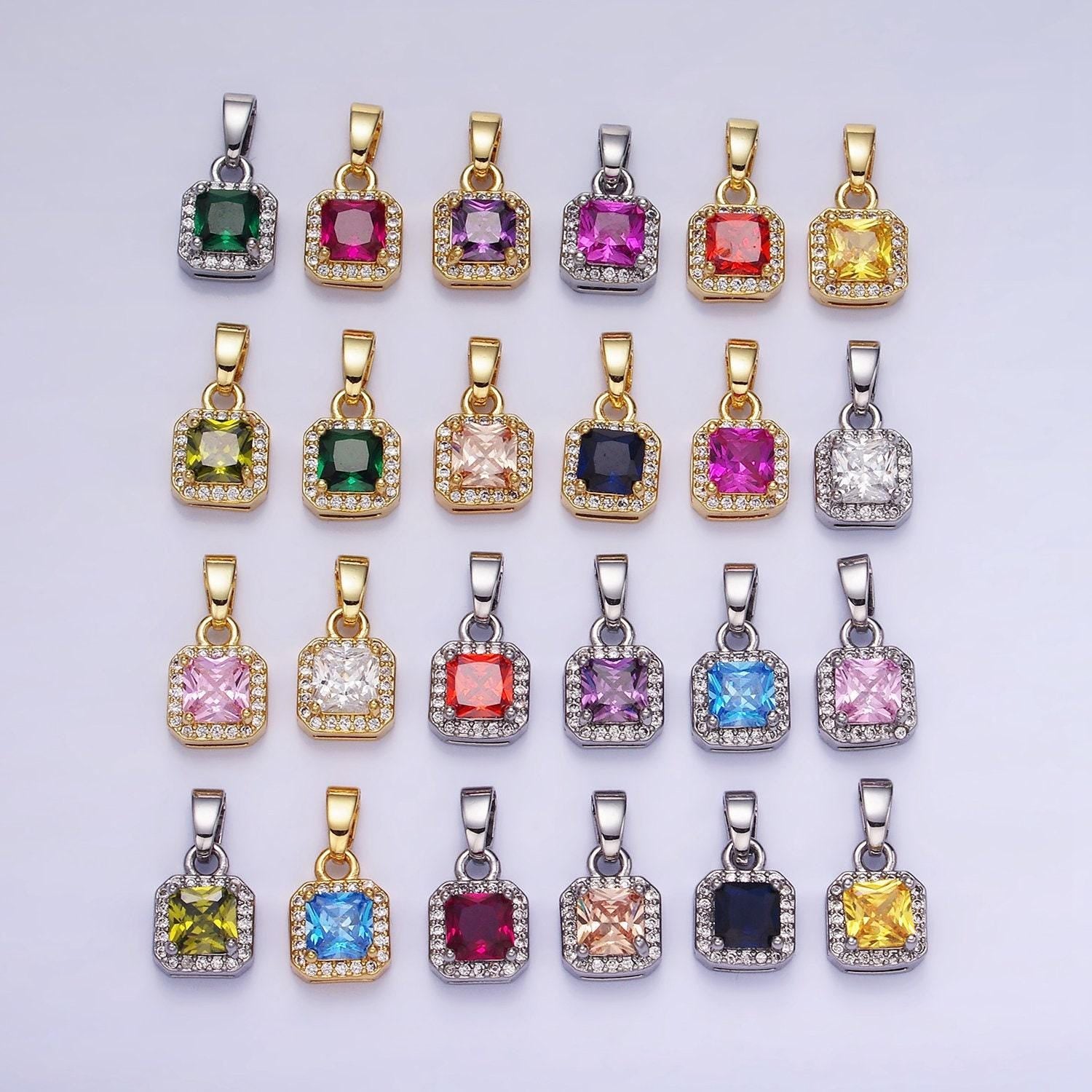 24k gold filled square multifaceted cubic zirconia stone personalized tag add-on charm birthstone charm earring bracelet supply | aa-1297