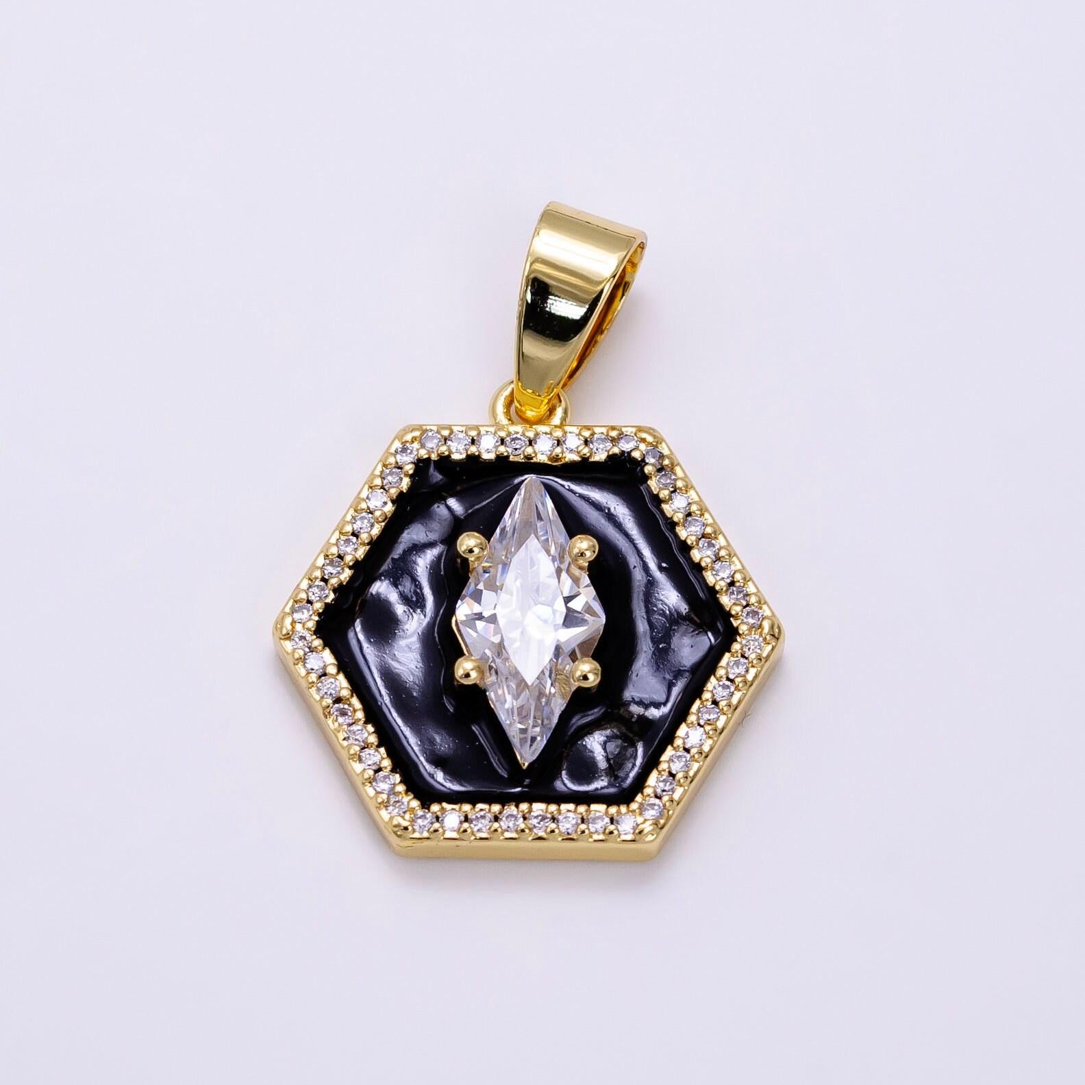 Dainty hexagon charms 14k gold filled black enamel medallion charm for bracelet necklace charm minimalist geometry jewelry aa-1267
