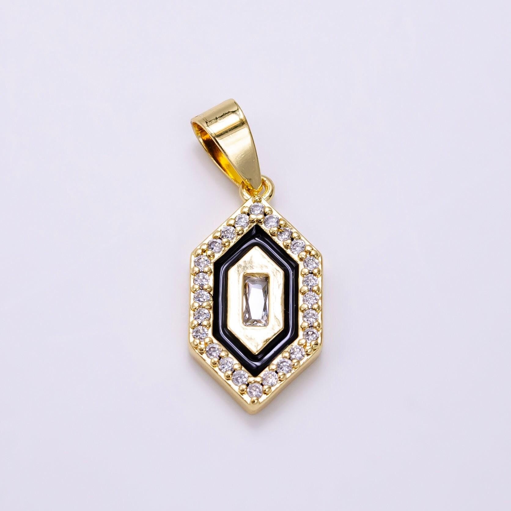 Mini black enamel hexagon charm dainty 14k gold filled cz charm add on jewelry pendants cubic zirconia medallion charm aa-1266