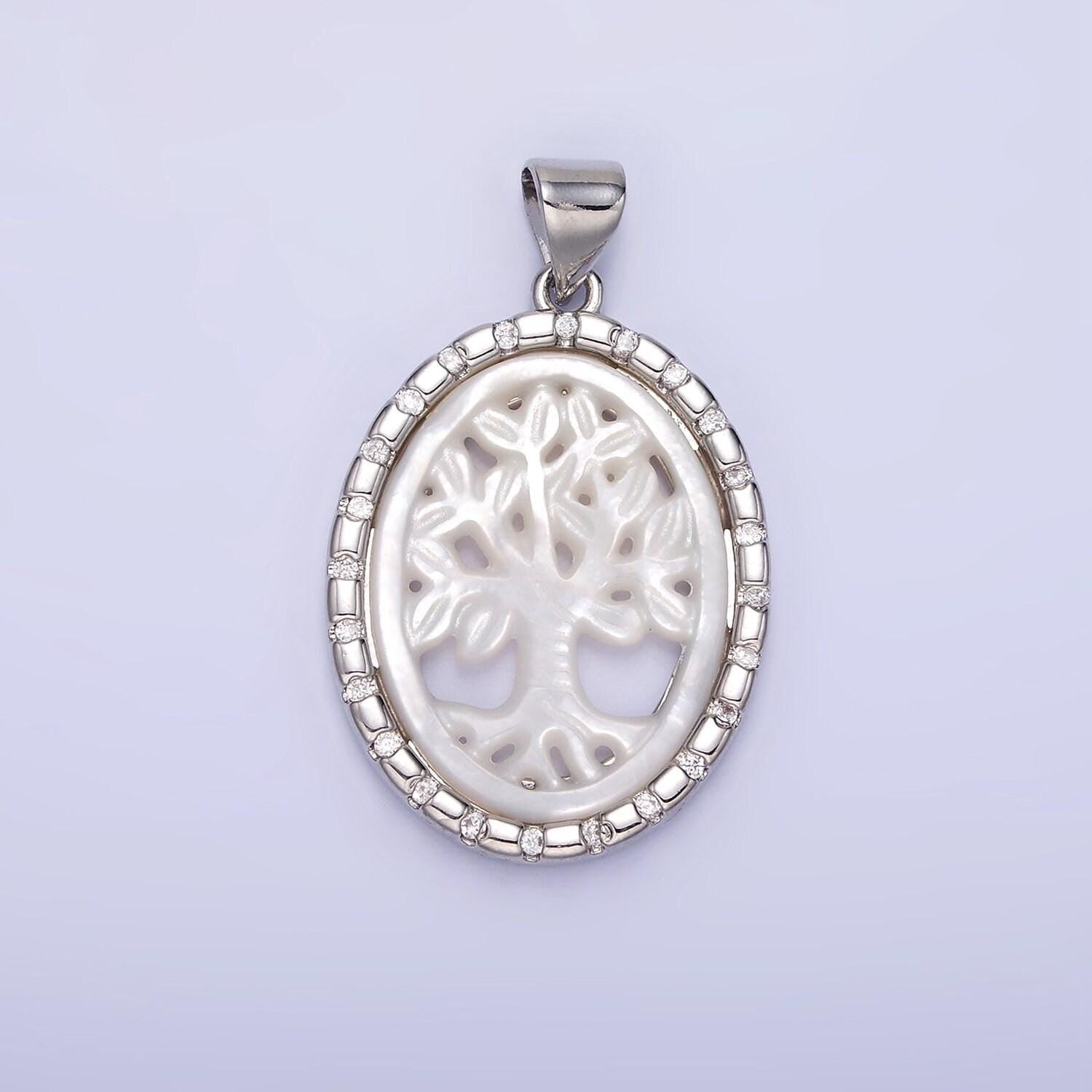 14k gold filled shell pearl tree of life charm medallion oval pendant | aa1257