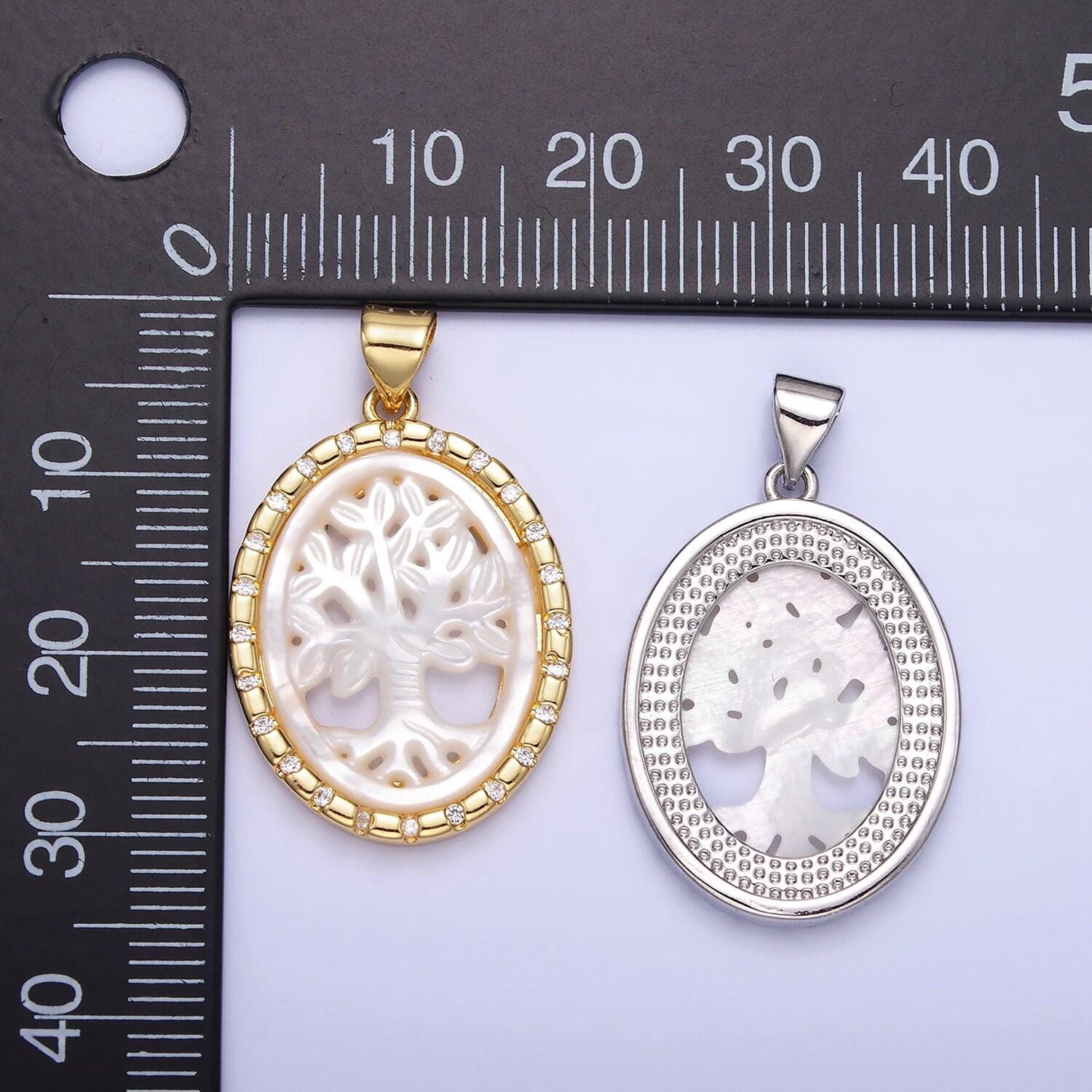 14k gold filled shell pearl tree of life charm medallion oval pendant | aa1257