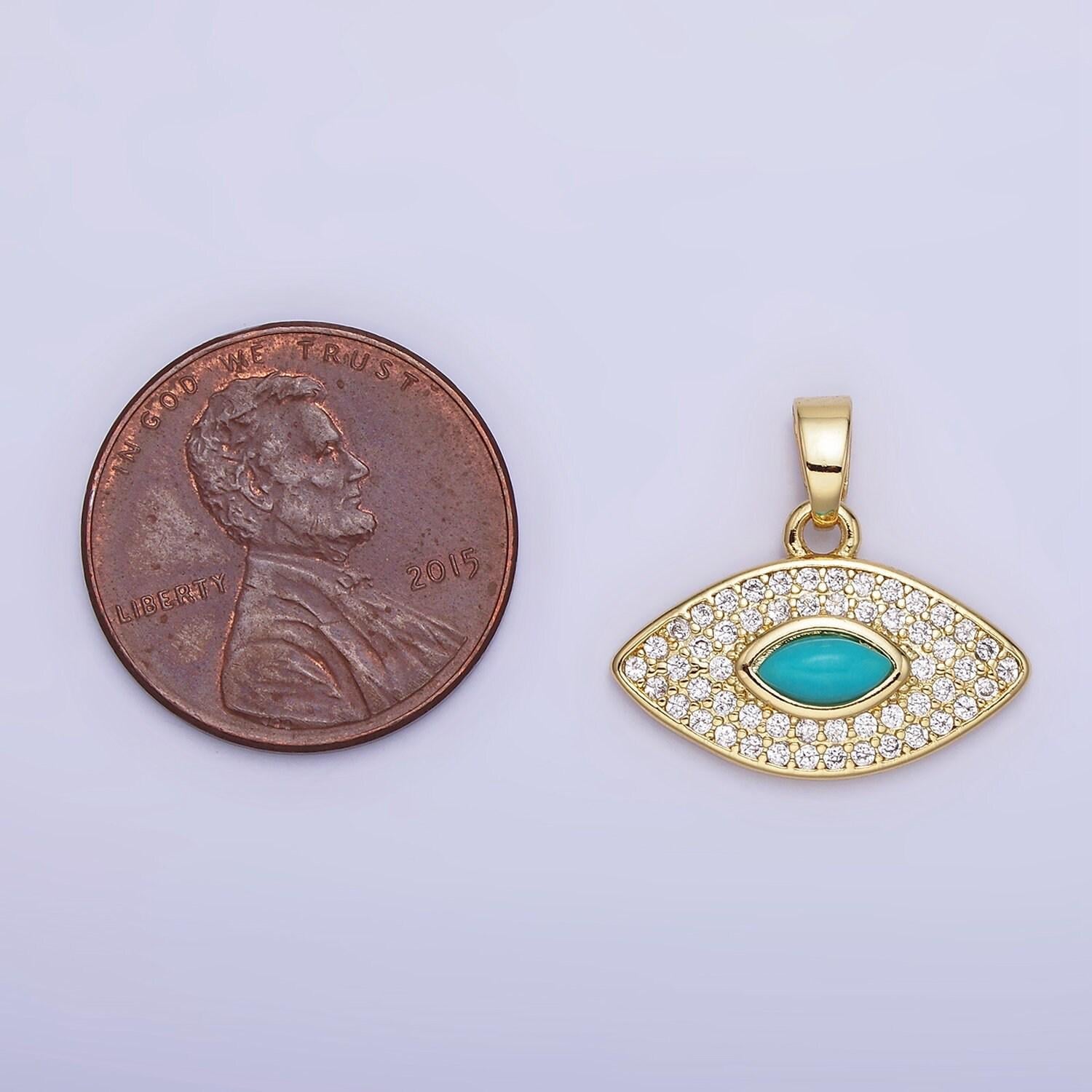14k gold filled turquoise stone with micro pave clear cz evil eye charm for bracelet necklace pendant | aa1252