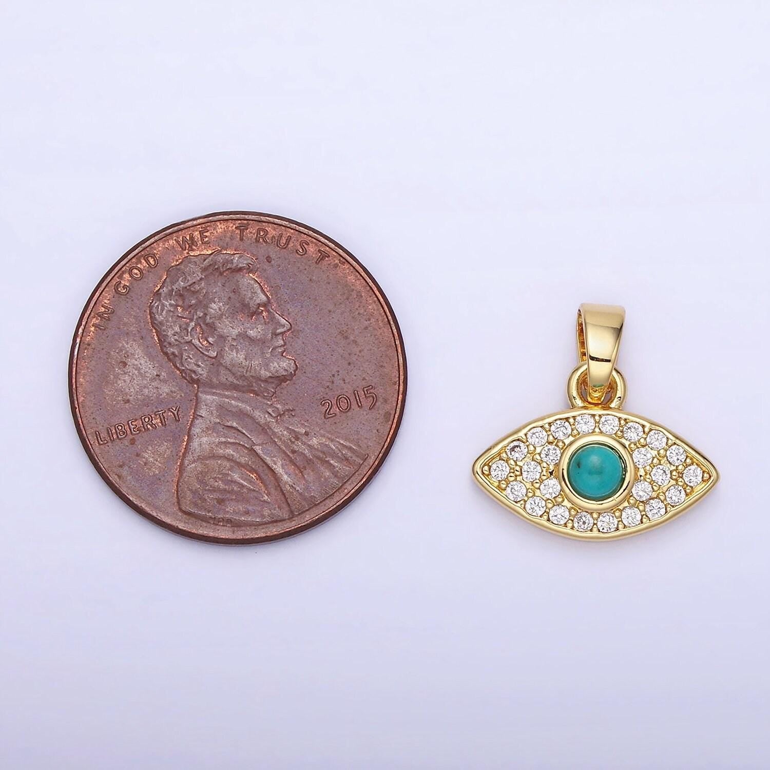 Mini 14k gold filled turquoise stone with micro pave clear cz evil eye charm for bracelet necklace pendant | aa1252
