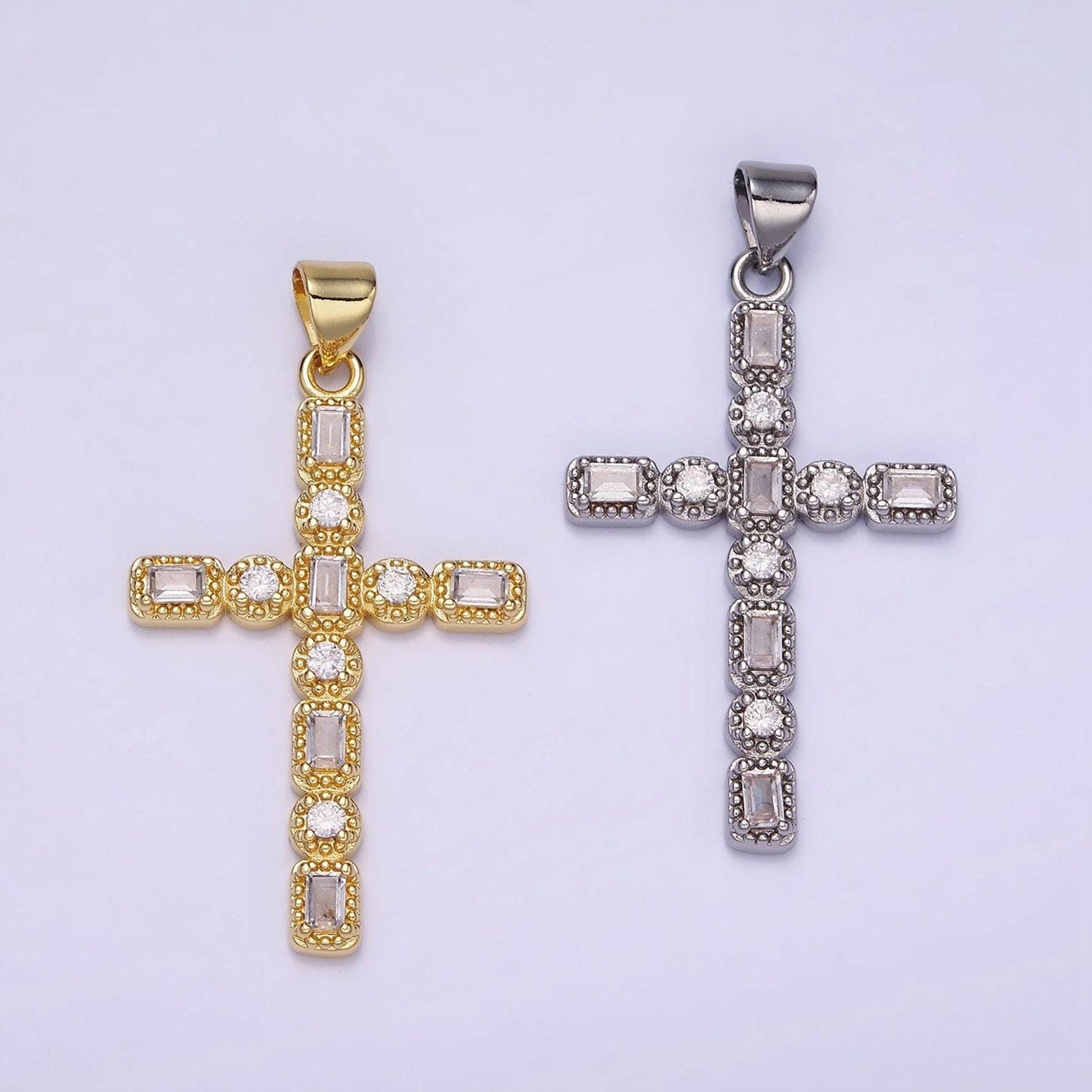 14k gold filled cz baguette round dotted bezel latin religious cross pendant in gold & silver | aa-1205