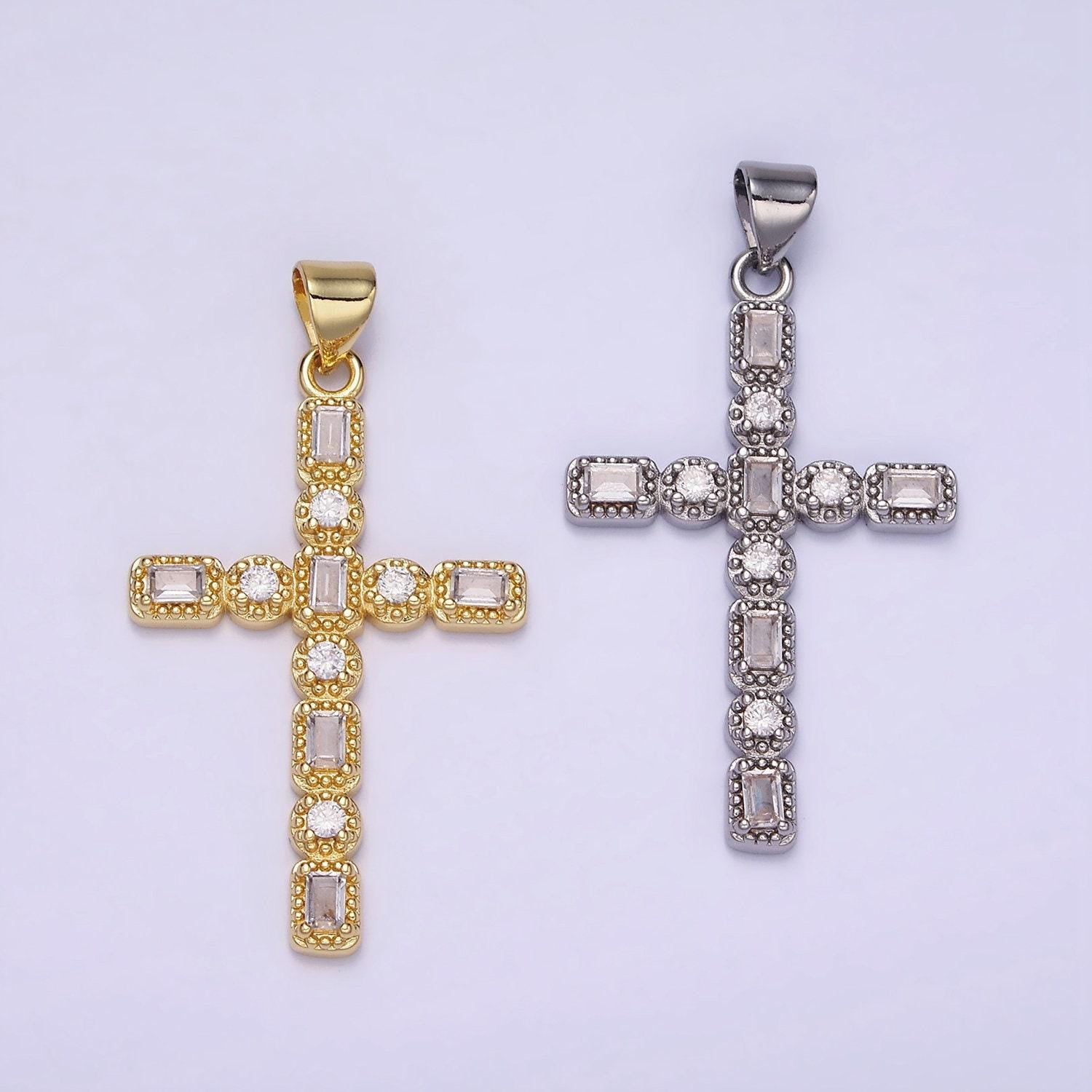14k gold filled cz baguette round dotted bezel latin religious cross pendant in gold & silver | aa-1205