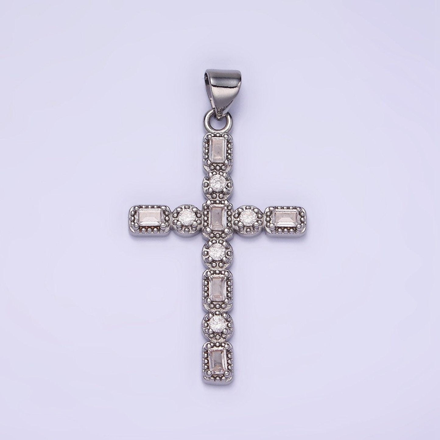 14k gold filled cz baguette round dotted bezel latin religious cross pendant in gold & silver | aa-1205