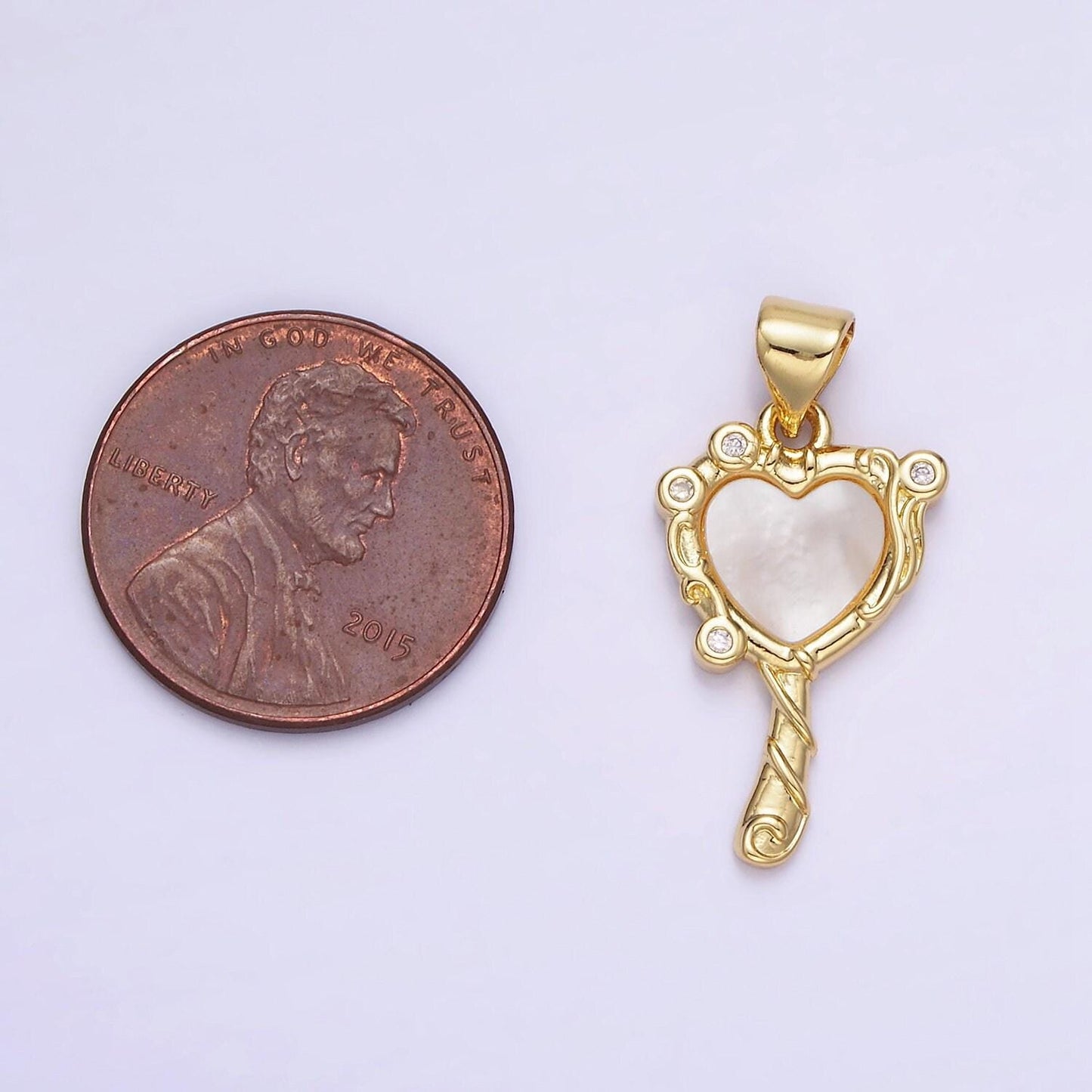 14k gold filled heart mirror shaped charm with shell pearl pendant in gold and silver aa-1189
