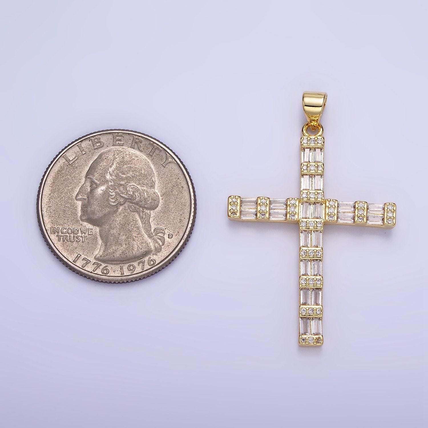 14k gold filled cross charm with clear baguette stone for religious charm | aa1188