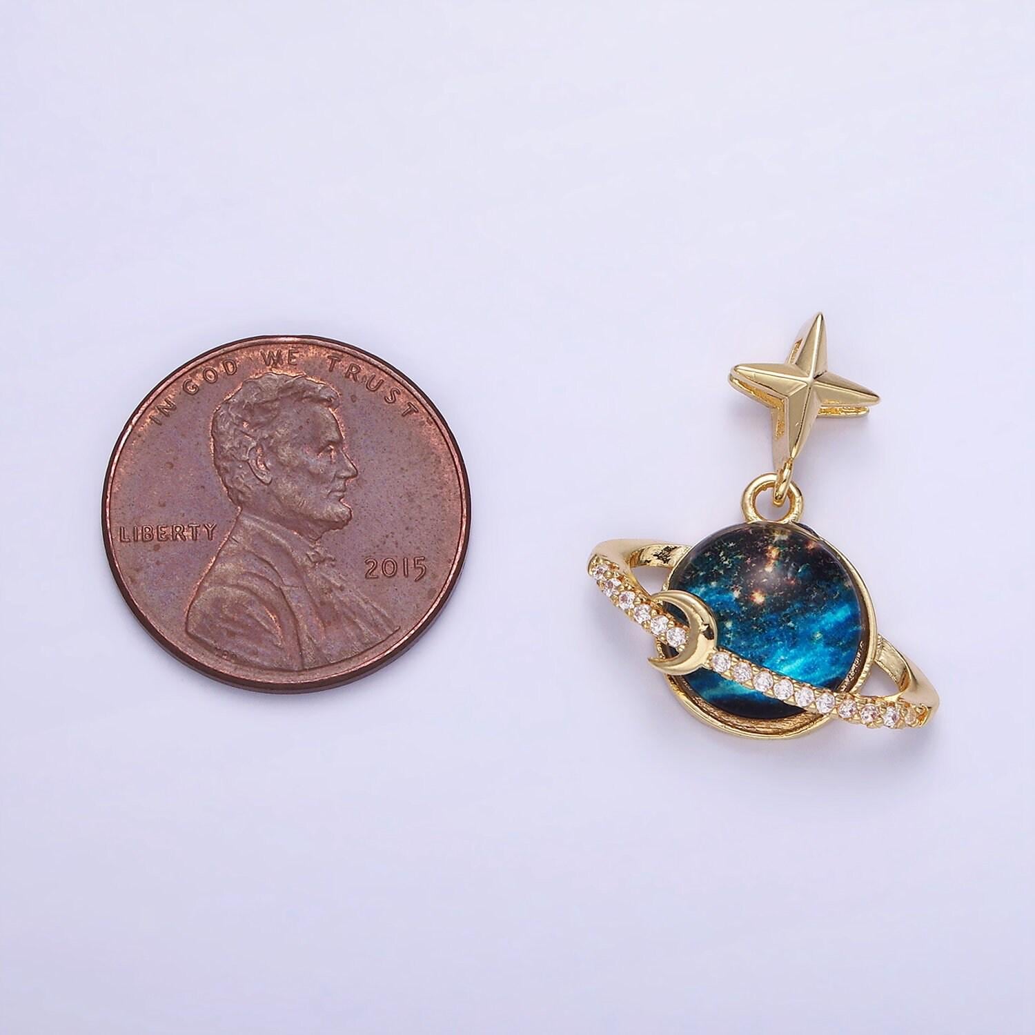 14k gold filled celestial saturn planet micro paved cz star bail pendant | aa-1186