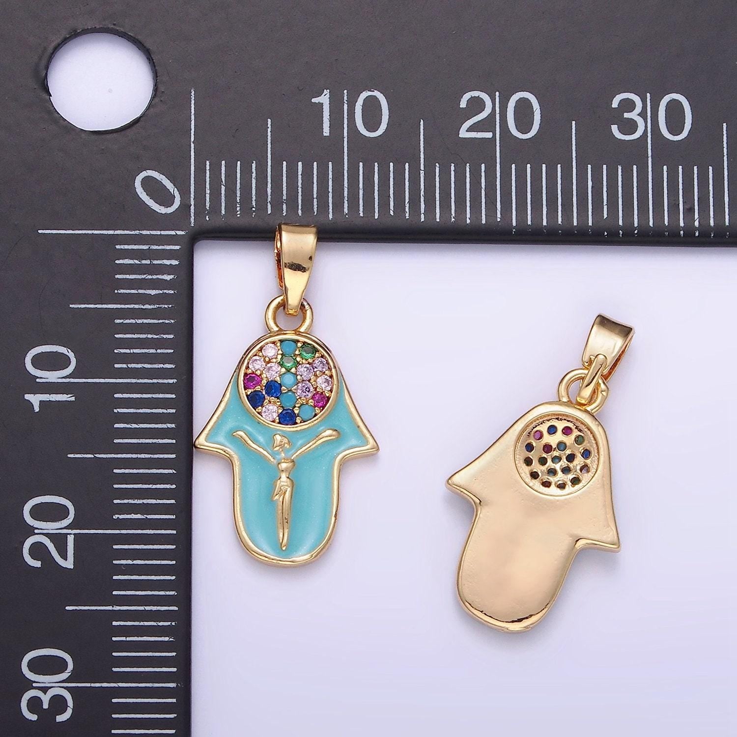 14k gold filled multicolor micro paved cz hamsa hand enamel pendant | aa-1182