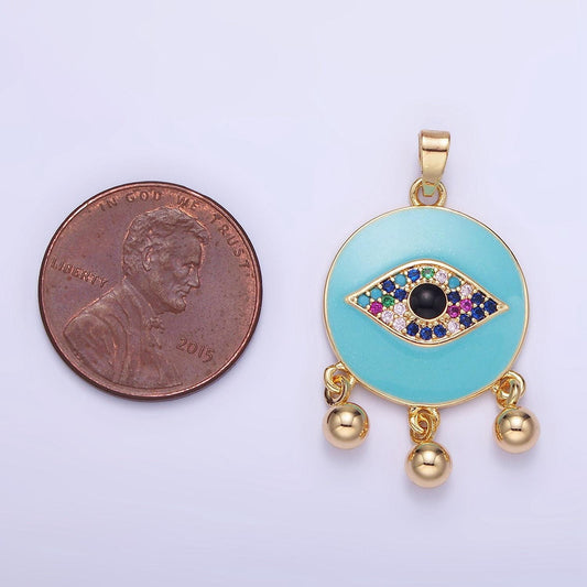 14k gold filled triple bead drop multicolor micro paved cz evil eye teal enamel round pendant | aa-1172