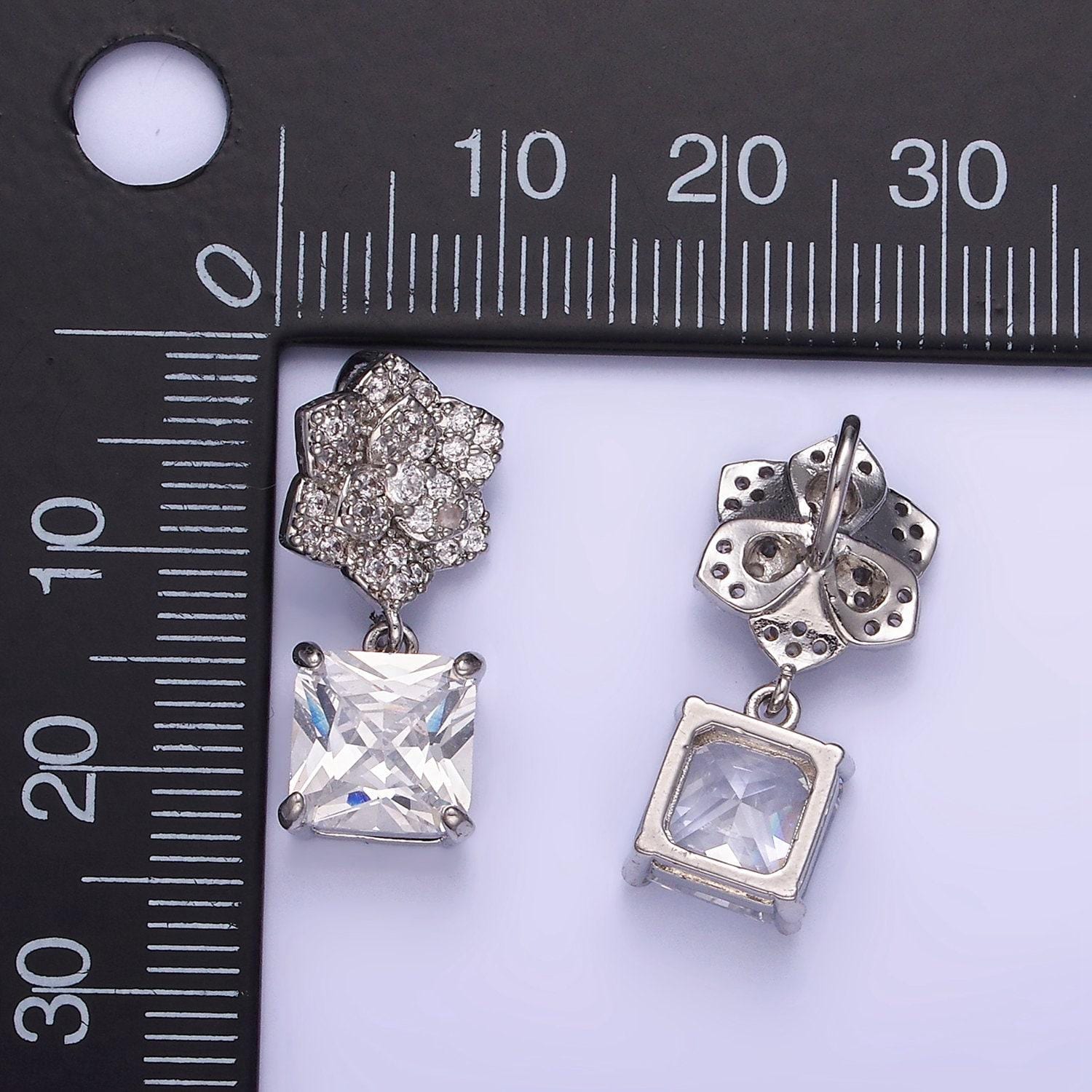 White gold filled square cz drop micro paved flower pendant | aa-1169