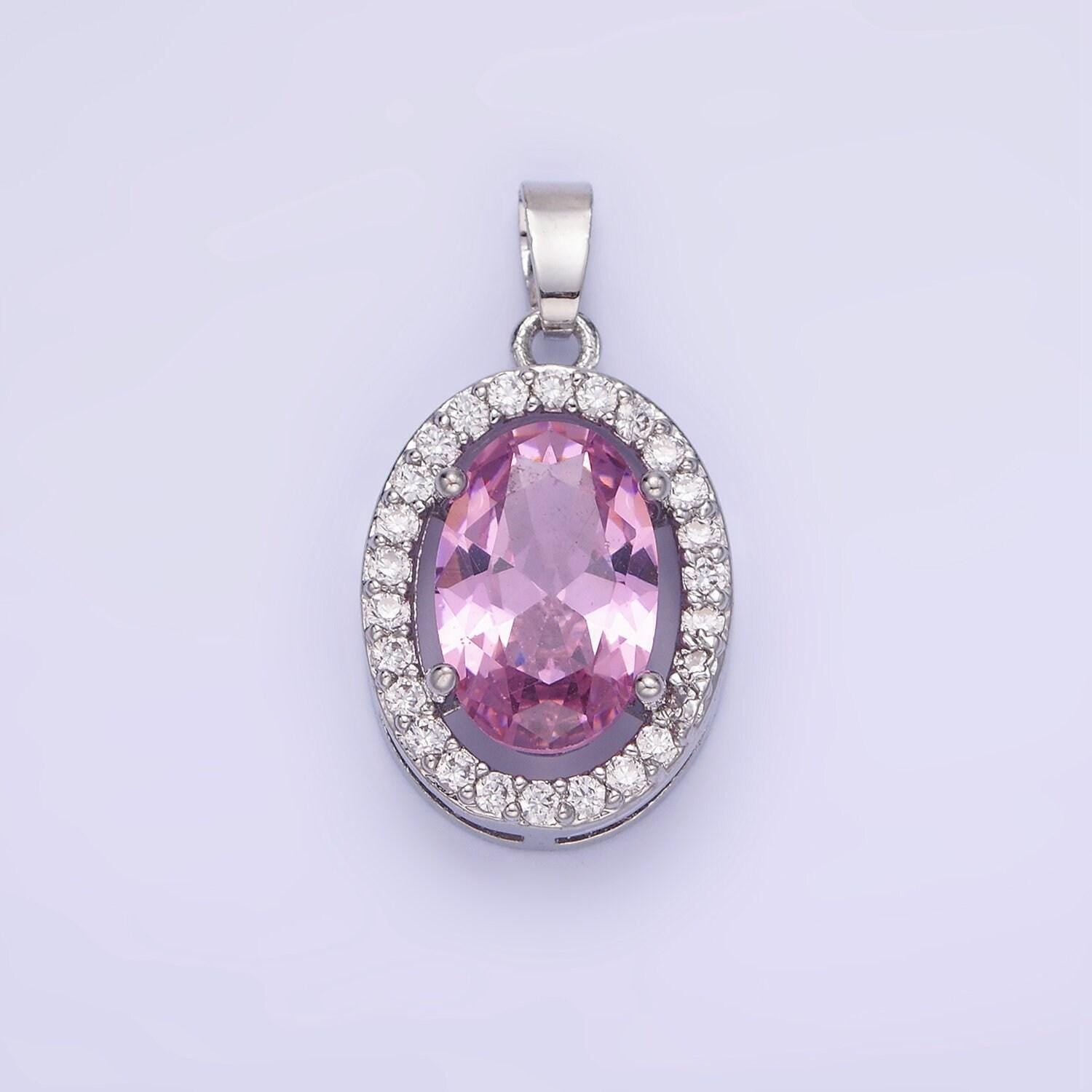 White gold filled pink cz oval micro paved pendant | aa-1168