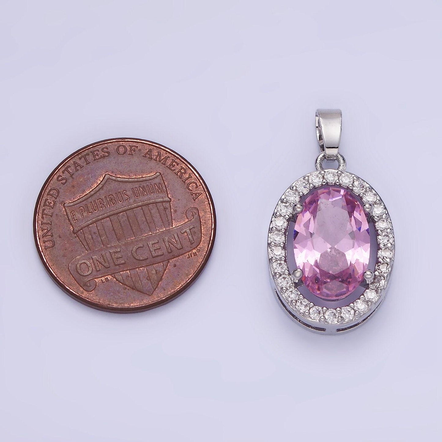 White gold filled pink cz oval micro paved pendant | aa-1168