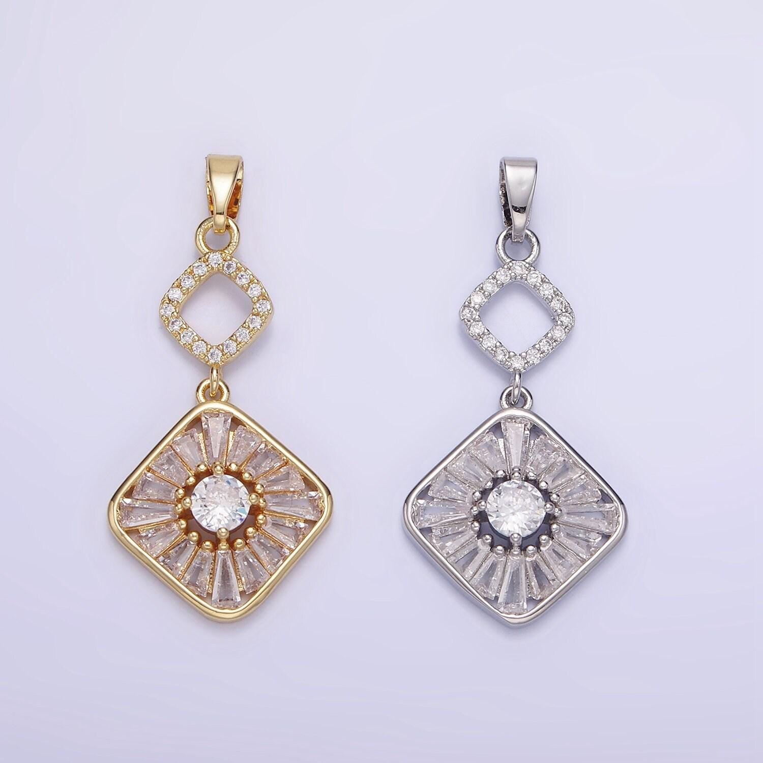 14k gold filled baguette open rhombus double drop pendant in gold & silver | aa-1160