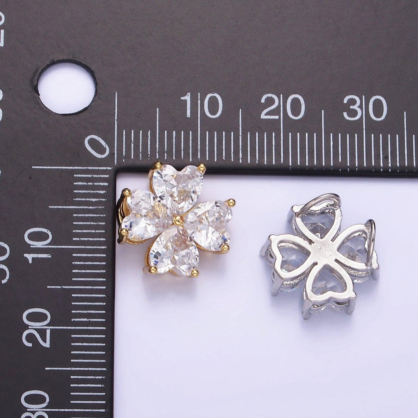 14k gold filled clear cz heart petal flower back loop pendant in gold & silver | aa-1162
