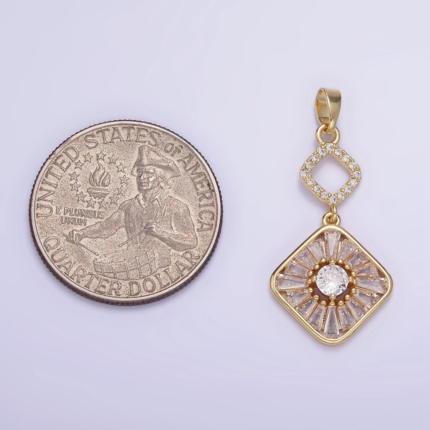 14k gold filled baguette open rhombus double drop pendant in gold & silver | aa-1160