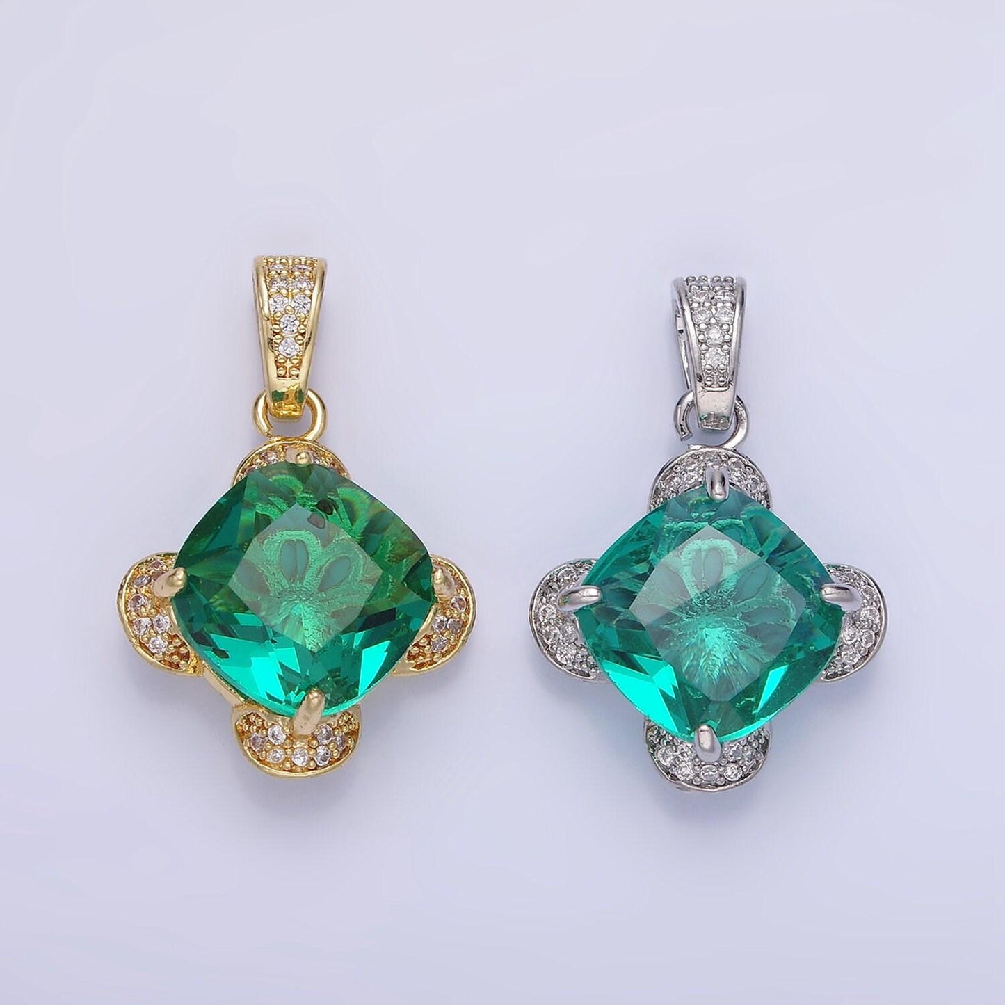 14k gold filled teal rhombus cz micro paved flower pendant in gold & silver | aa-1158