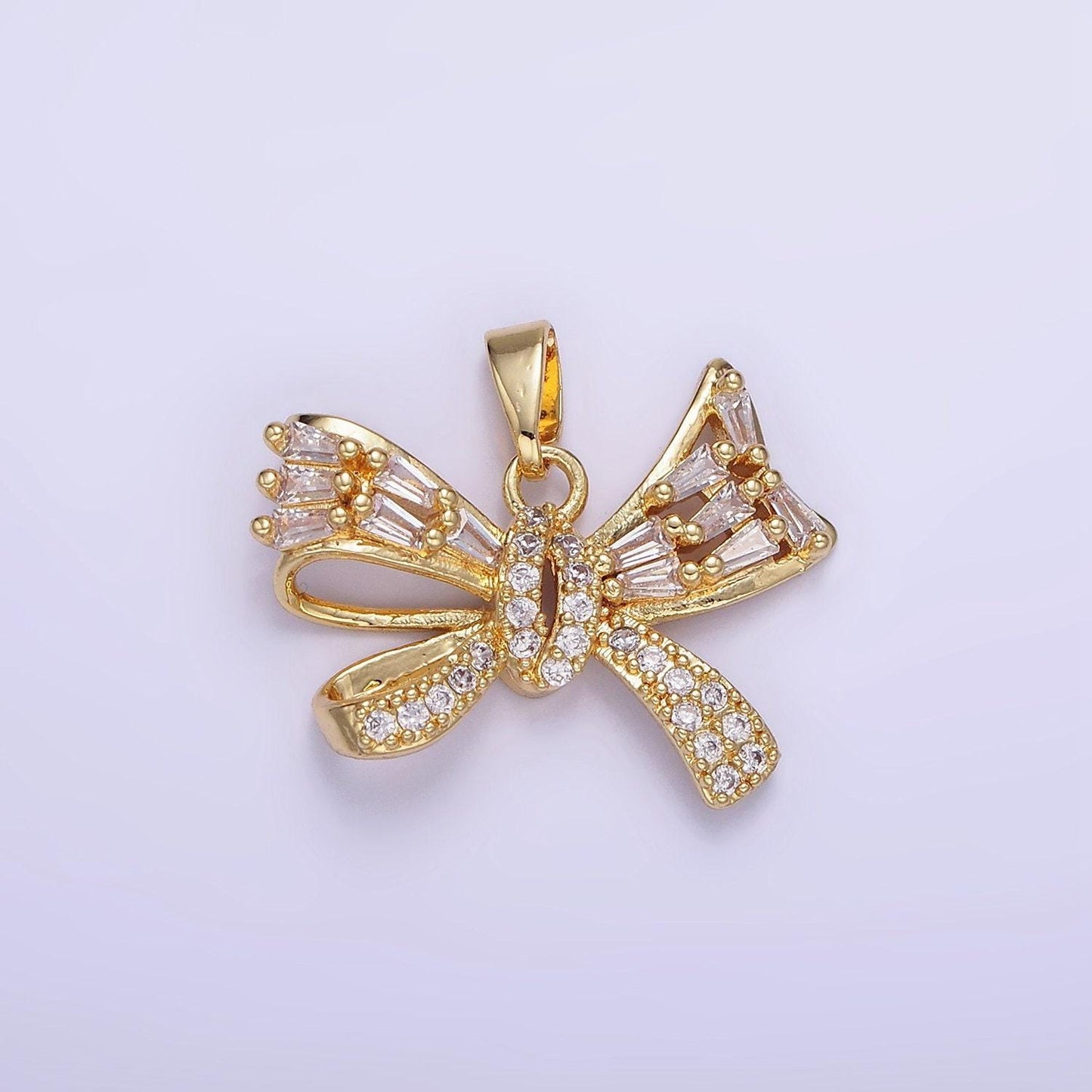 14k gold filled micro paved cz baguette ribbon bow pendant in gold & silver | aa-1156