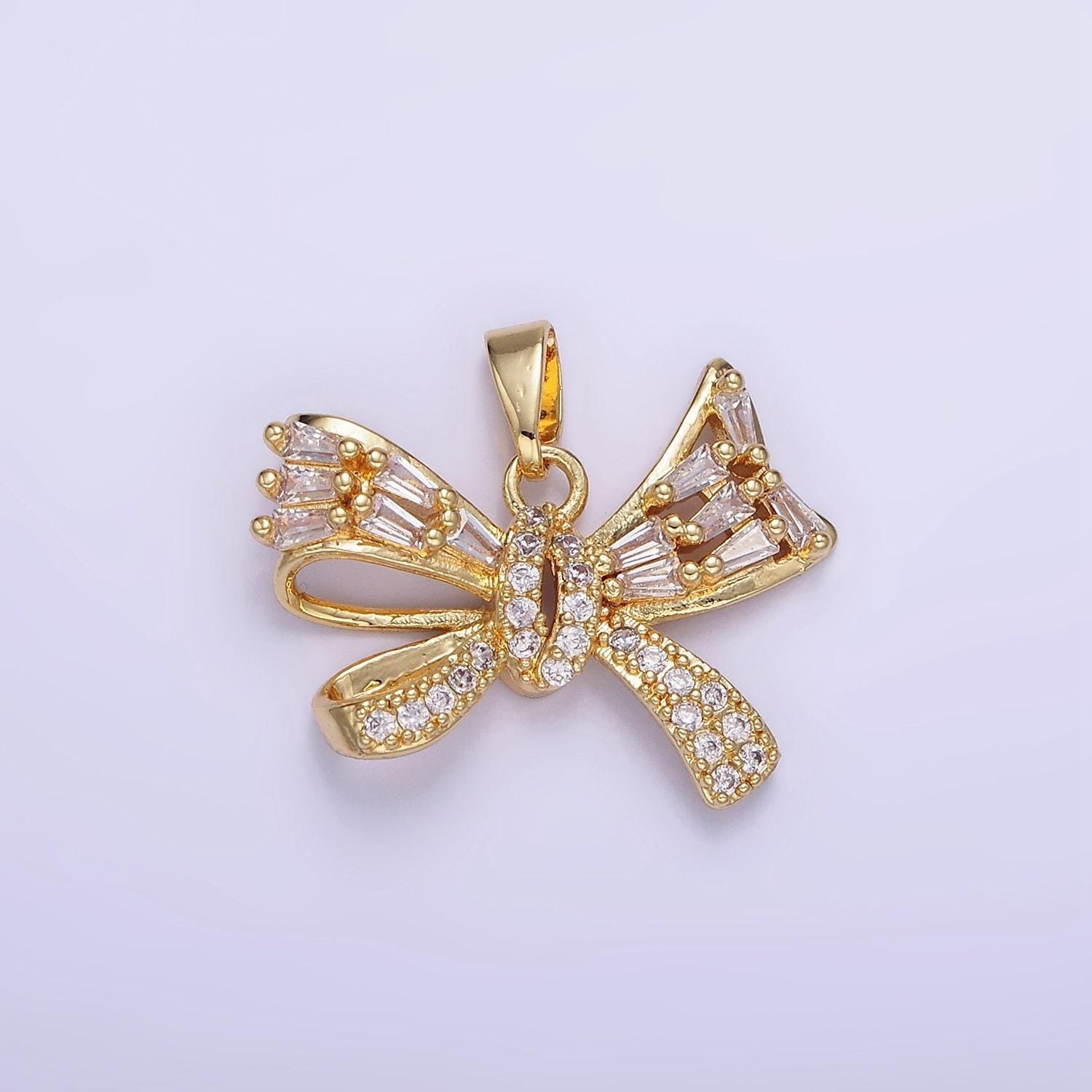 14k gold filled micro paved cz baguette ribbon bow pendant in gold & silver | aa-1156