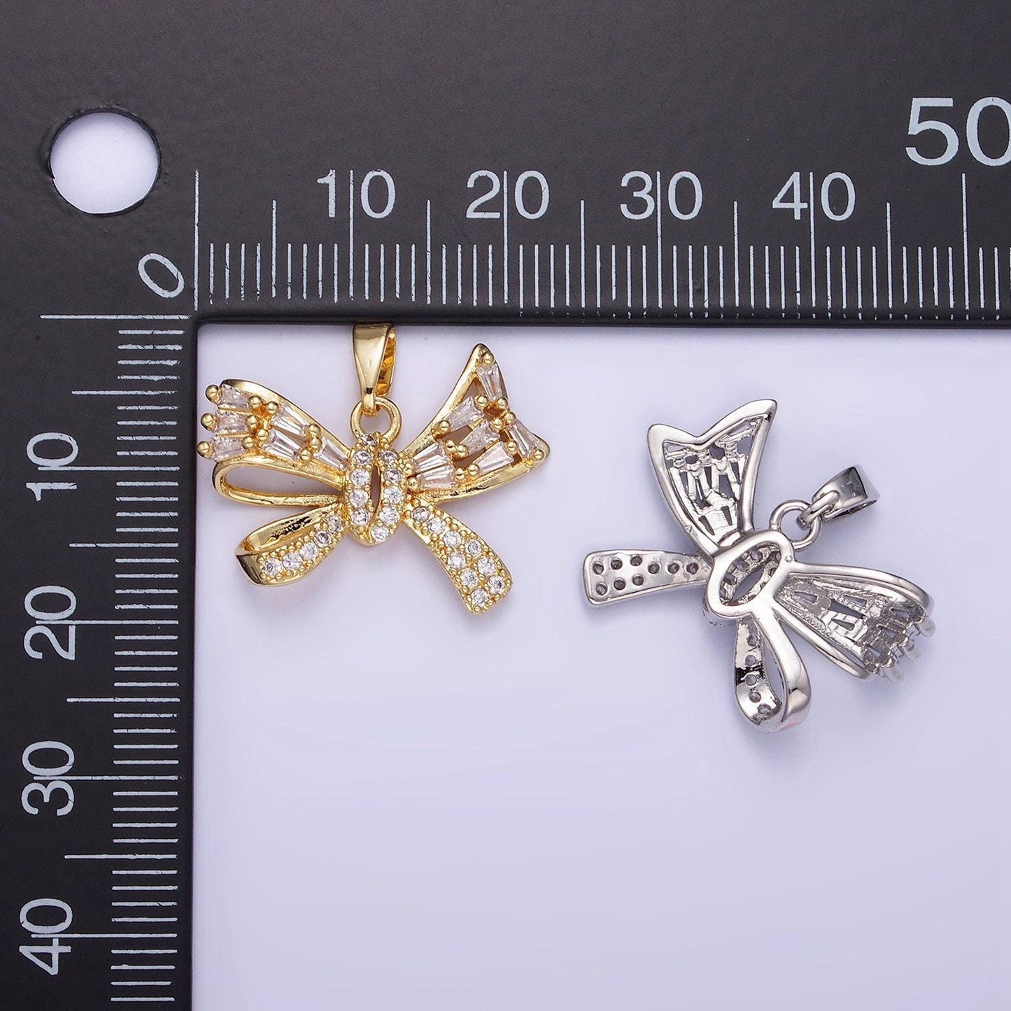 14k gold filled micro paved cz baguette ribbon bow pendant in gold & silver | aa-1156