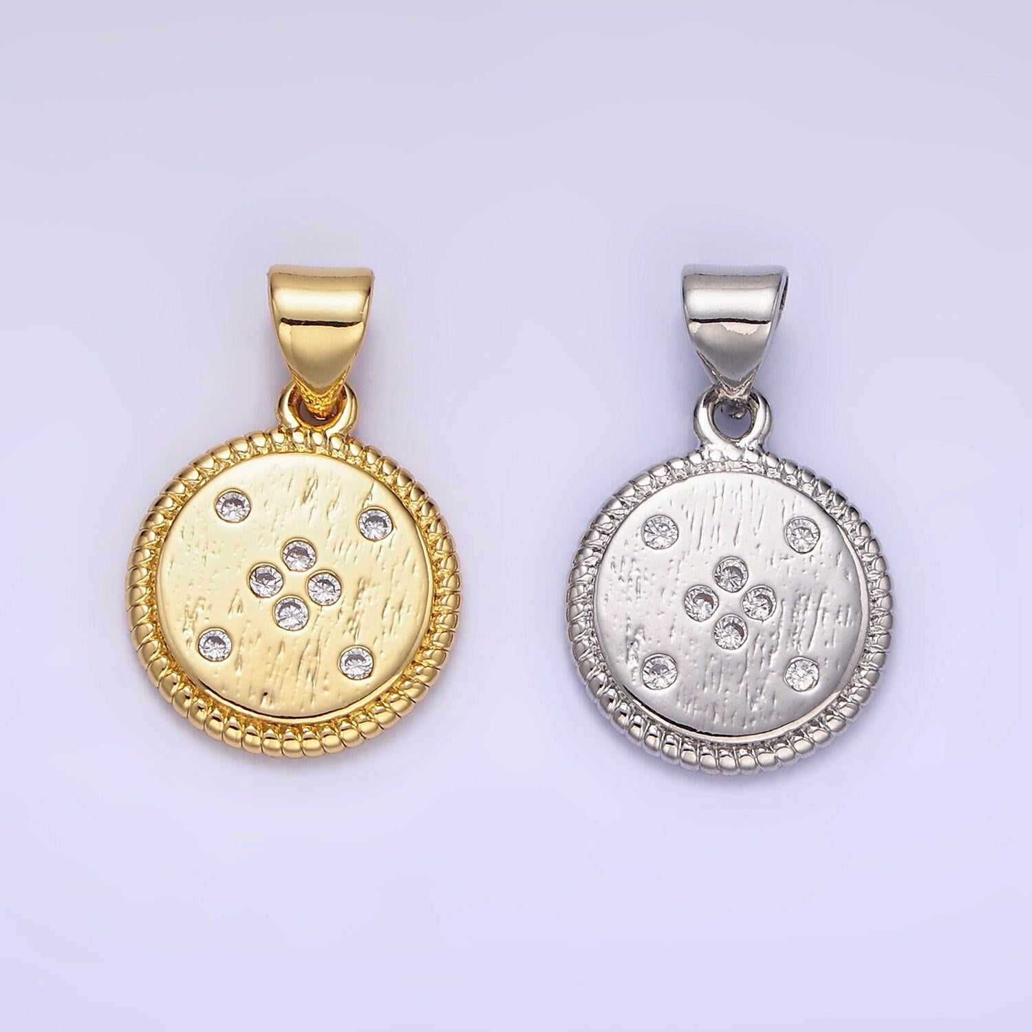 14k gold filled cz dotted round twisted bezel pendant in gold & silver cubic zirconia bubble charm | aa1152