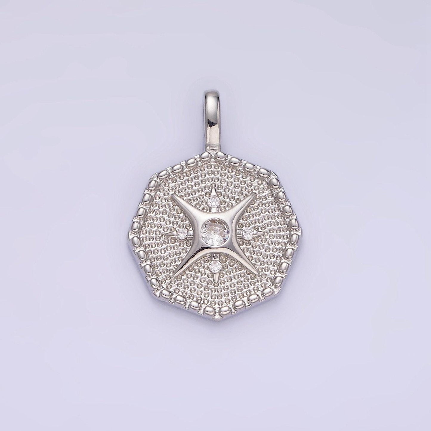 14k gold filled 25mm compass cz dotted hexagonal pendant in gold & silver | aa1151