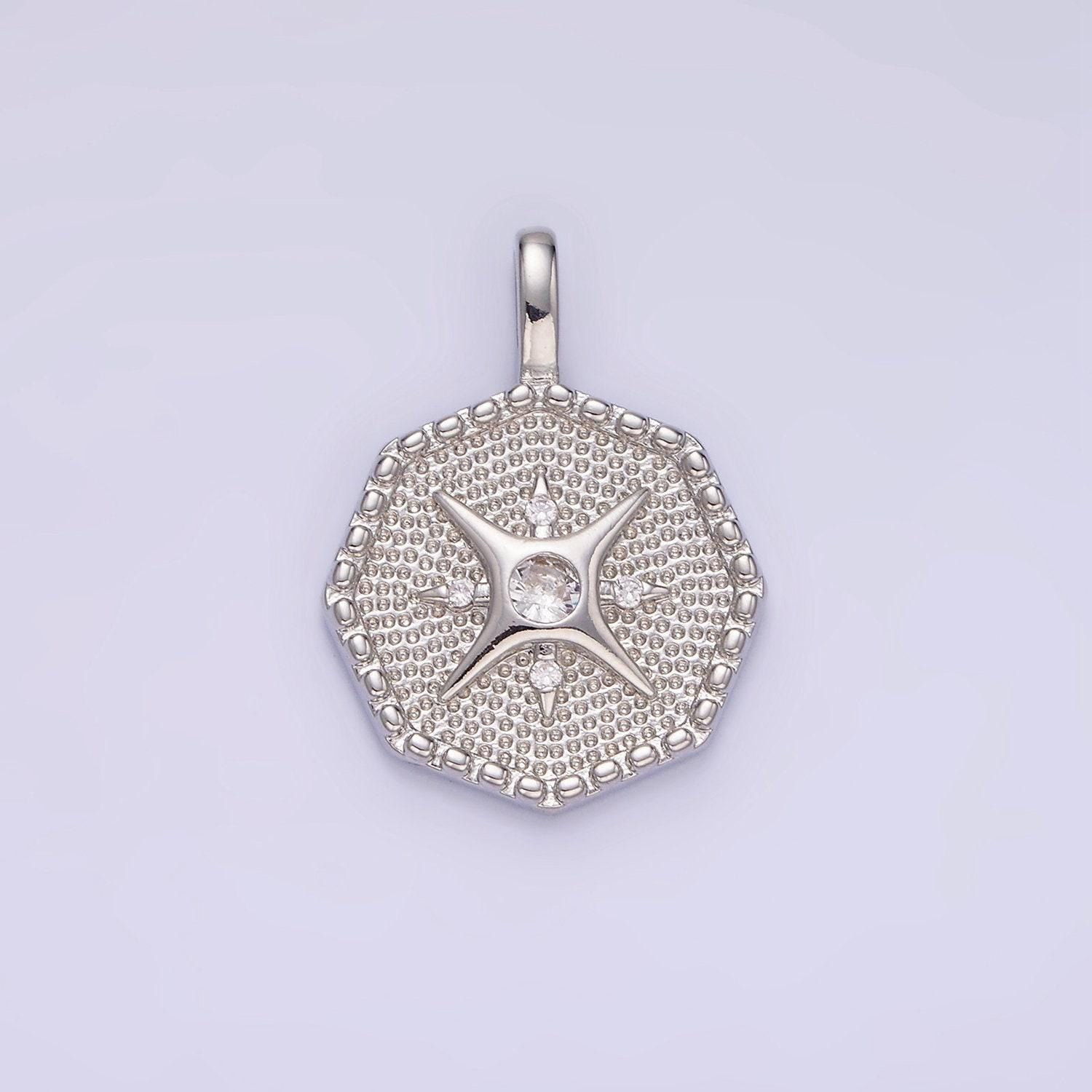 14k gold filled 25mm compass cz dotted hexagonal pendant in gold & silver | aa1151