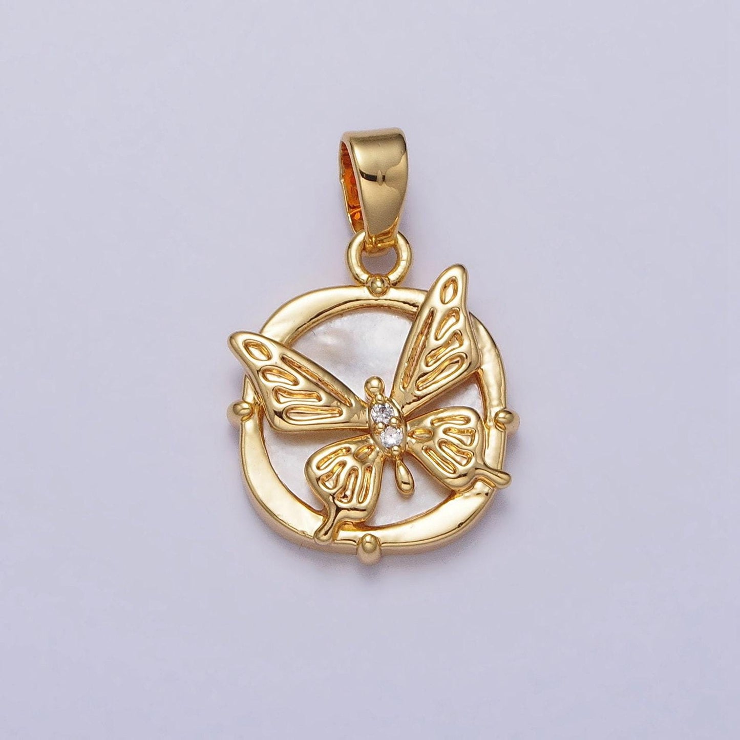 Gold pearl butterfly charm medallion pendant, 24k gold filled round shell pearl mariposa charm for jewelry making | aa-113