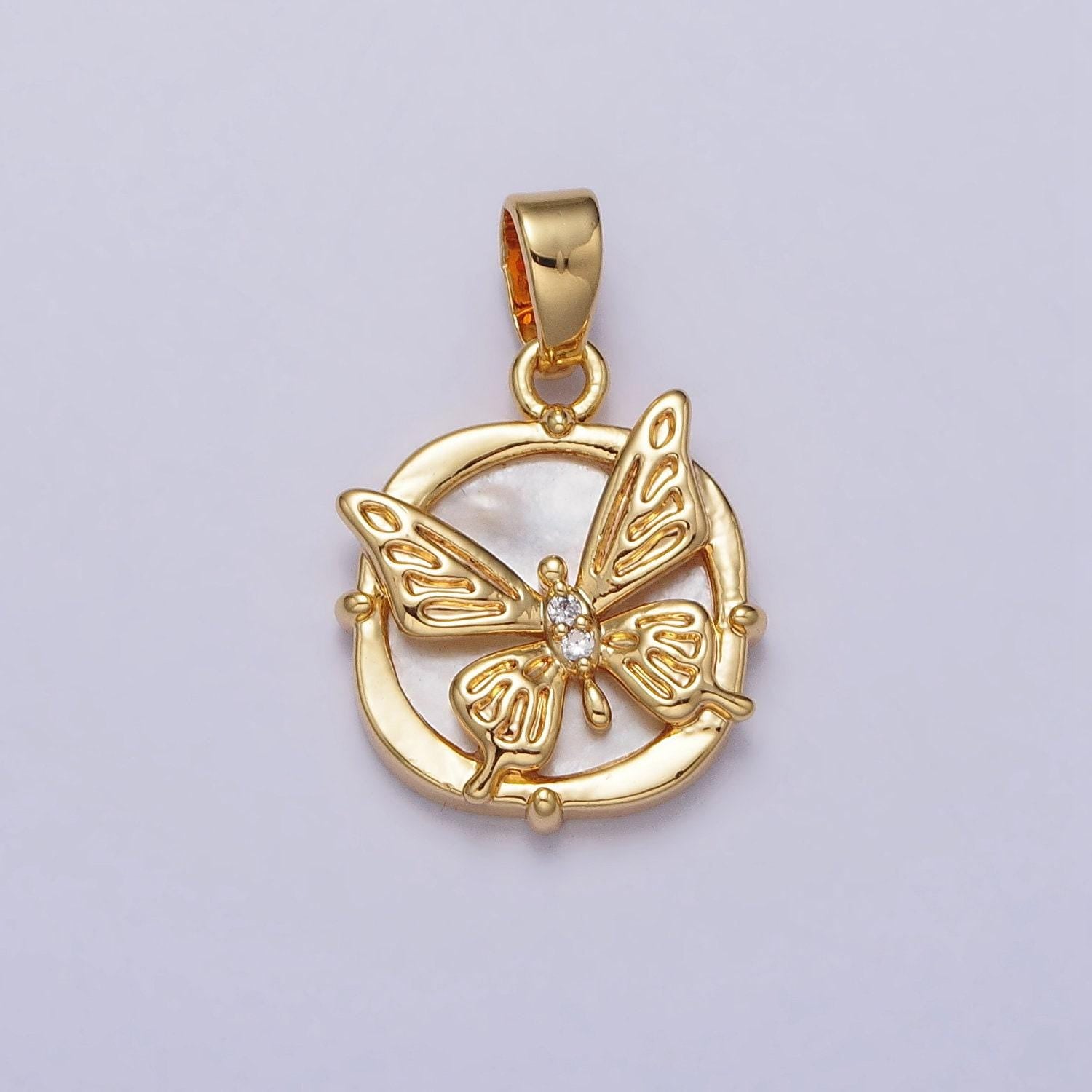 Gold pearl butterfly charm medallion pendant, 24k gold filled round shell pearl mariposa charm for jewelry making | aa-113