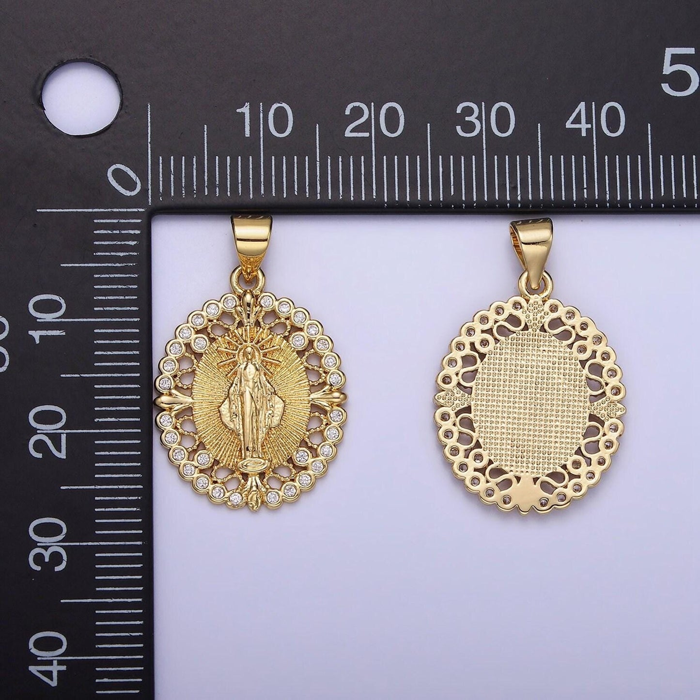 14k gold filled holy mary arms open cz pendant | aa-1129