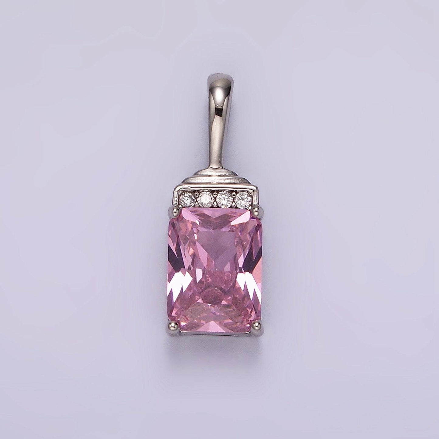 White gold filled pink emerald cut cz bezel add-on charm silver geometric charm for bracelet necklace component | aa1126