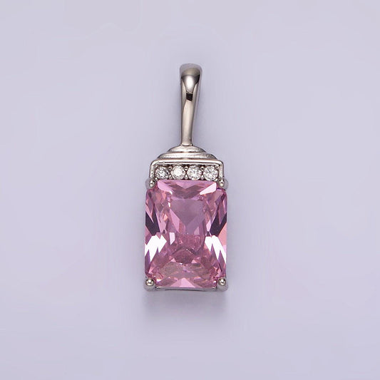 White gold filled pink emerald cut cz bezel add-on charm silver geometric charm for bracelet necklace component | aa1126