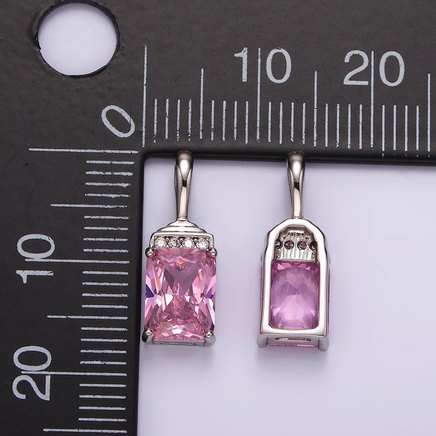White gold filled pink emerald cut cz bezel add-on charm silver geometric charm for bracelet necklace component | aa1126