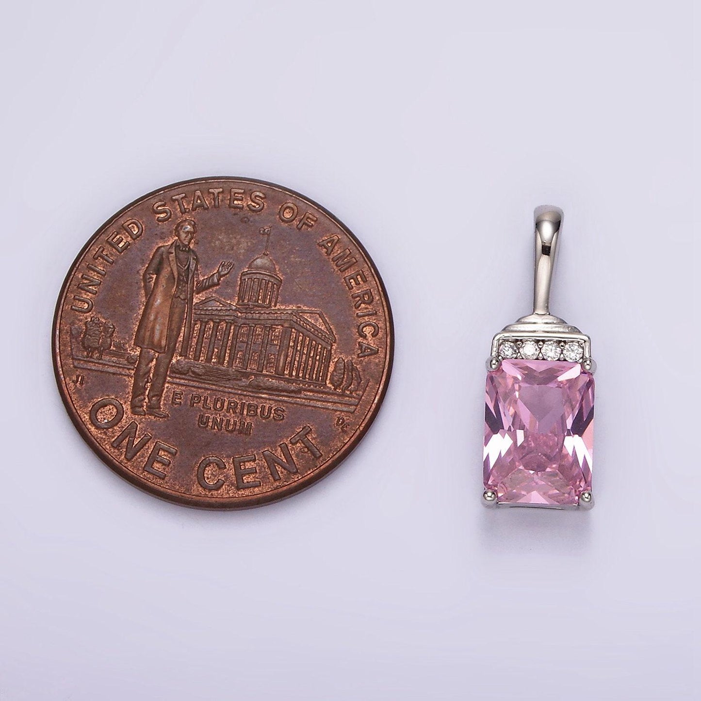 White gold filled pink emerald cut cz bezel add-on charm silver geometric charm for bracelet necklace component | aa1126