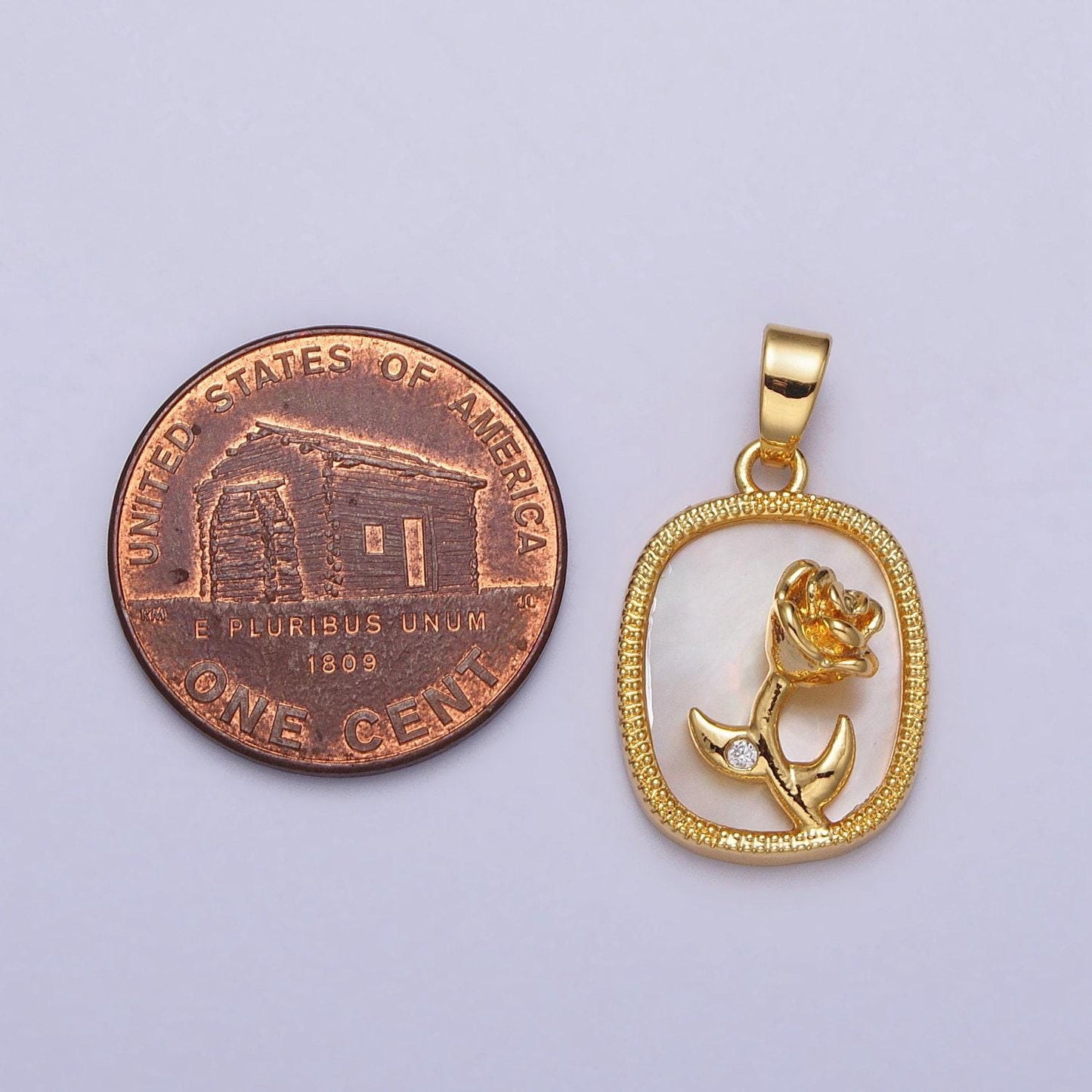 Dainty 24k gold filled rose flower cz shell pearl square pendant gold tag pearl charm | aa110