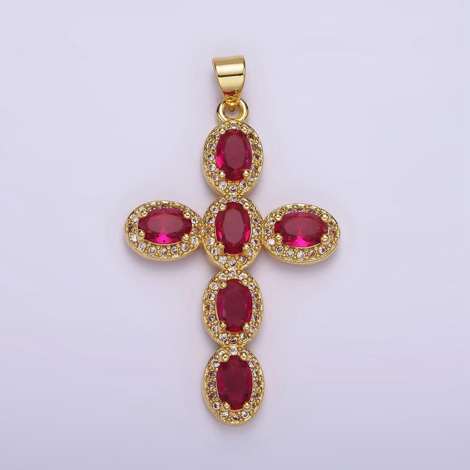 14k gold filled pink green cz cross pendant for christmas necklace jewelry making supply religious charm | aa1095