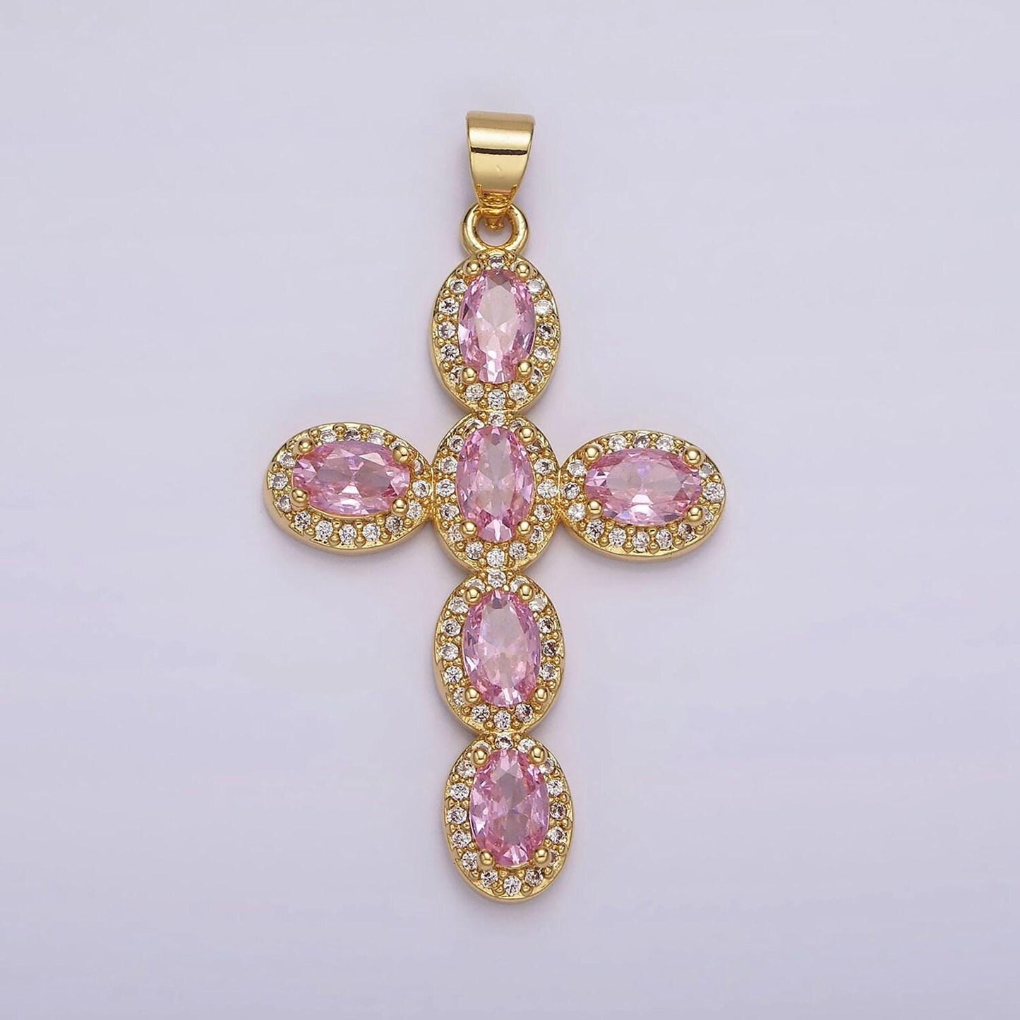 14k gold filled pink green cz cross pendant for christmas necklace jewelry making supply religious charm | aa1095