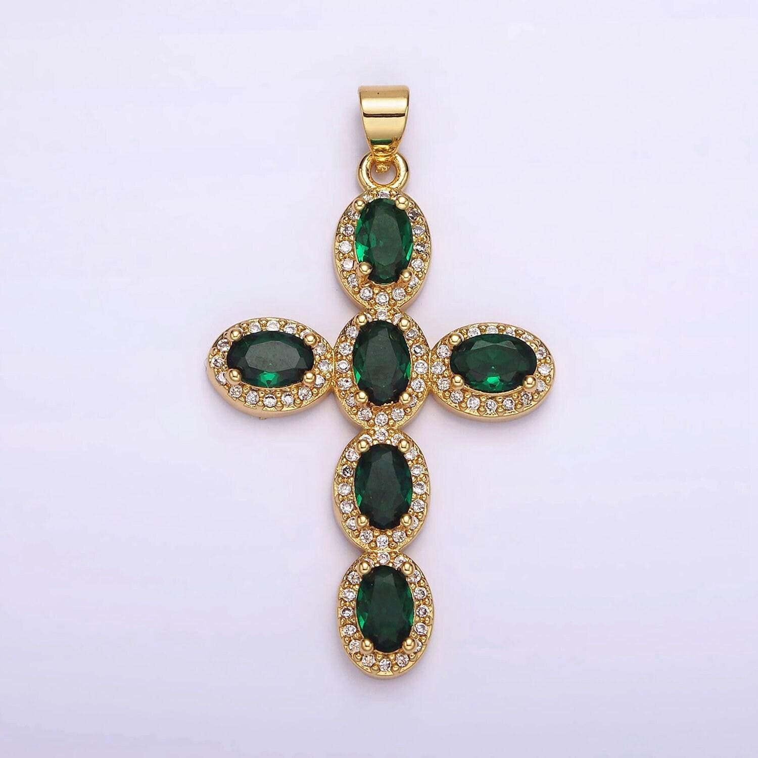 14k gold filled pink green cz cross pendant for christmas necklace jewelry making supply religious charm | aa1095
