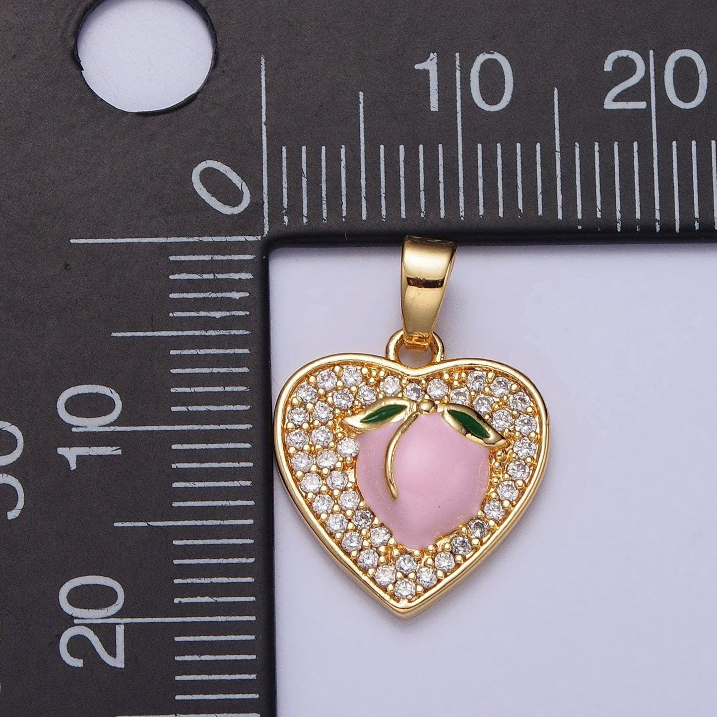 24k gold filled pink enamel peach fruit clear micro paved heart pendant | aa107