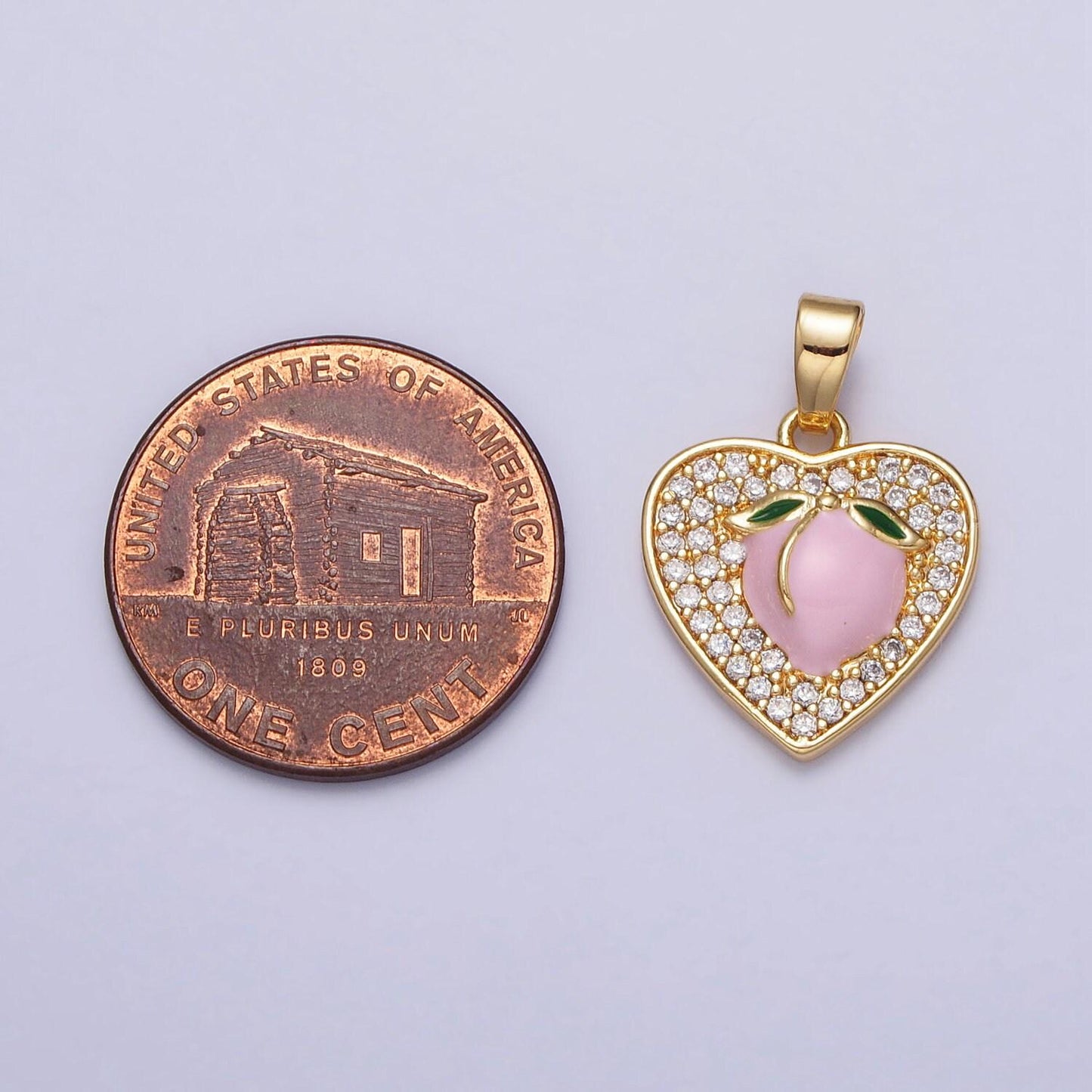 24k gold filled pink enamel peach fruit clear micro paved heart pendant | aa107