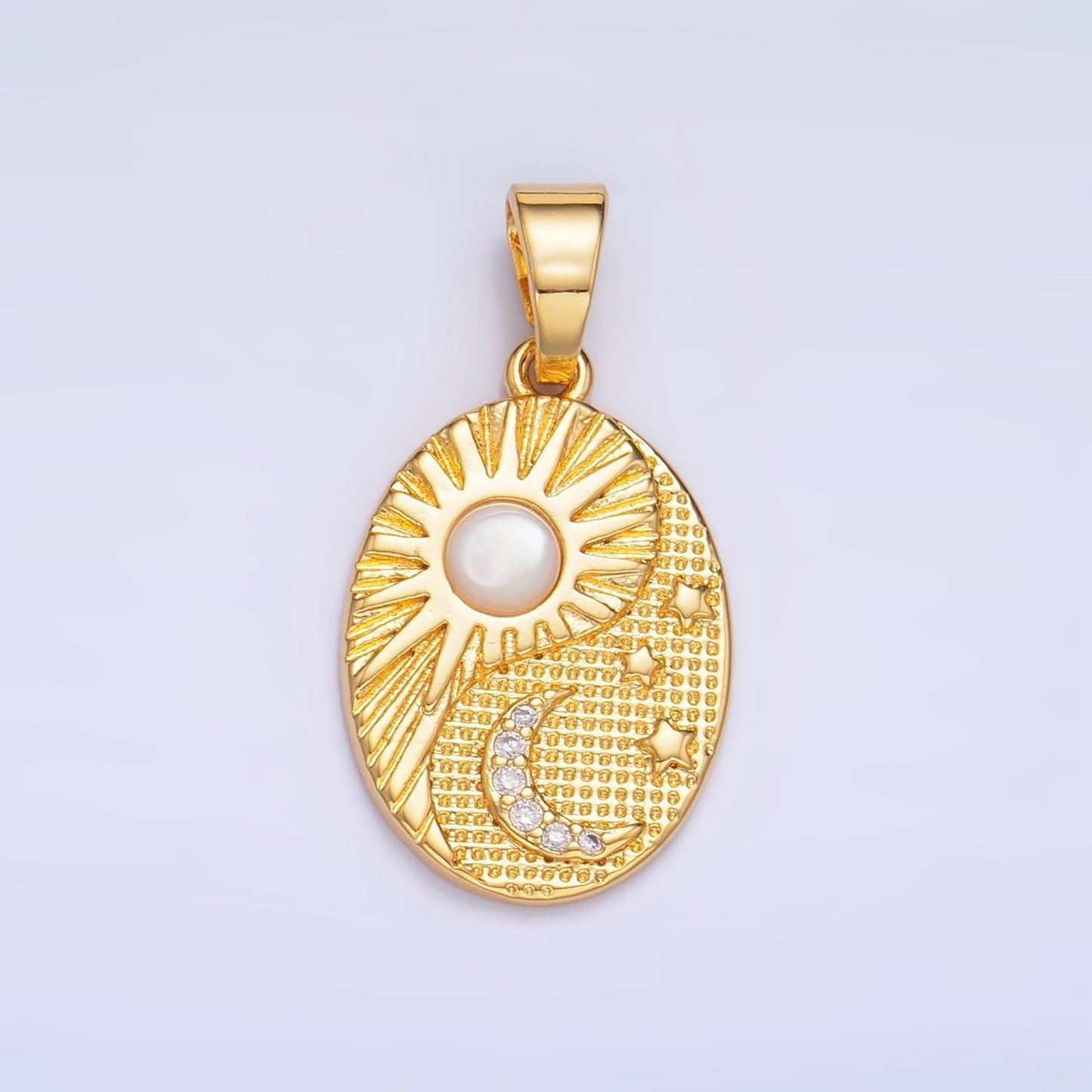 Gold oval medallion charm sun moon stars pearl day night celestial pendant, diy fashion jewelry making charm supply | aa1021