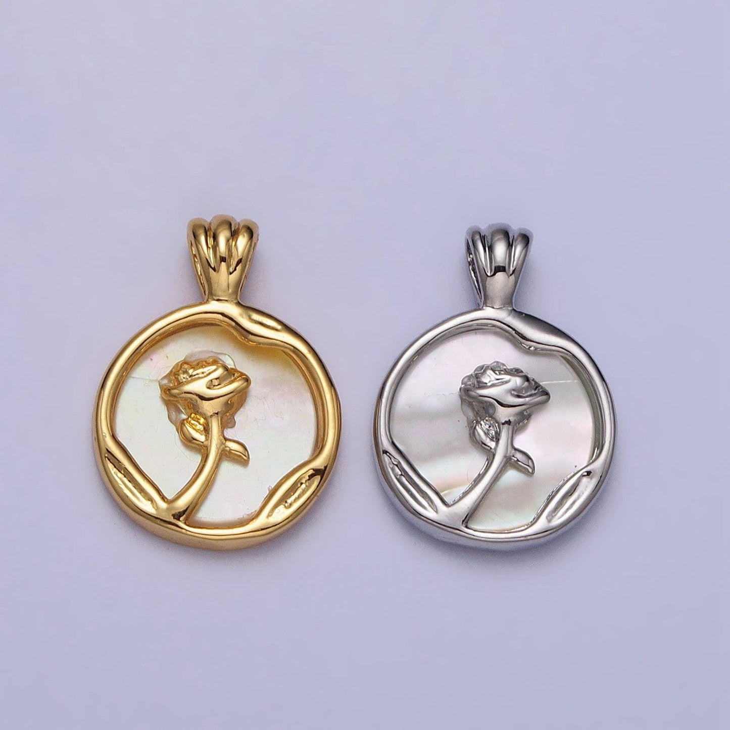 Dainty gold rose flower shell pearl coin pendant gold medallion charm | aa095