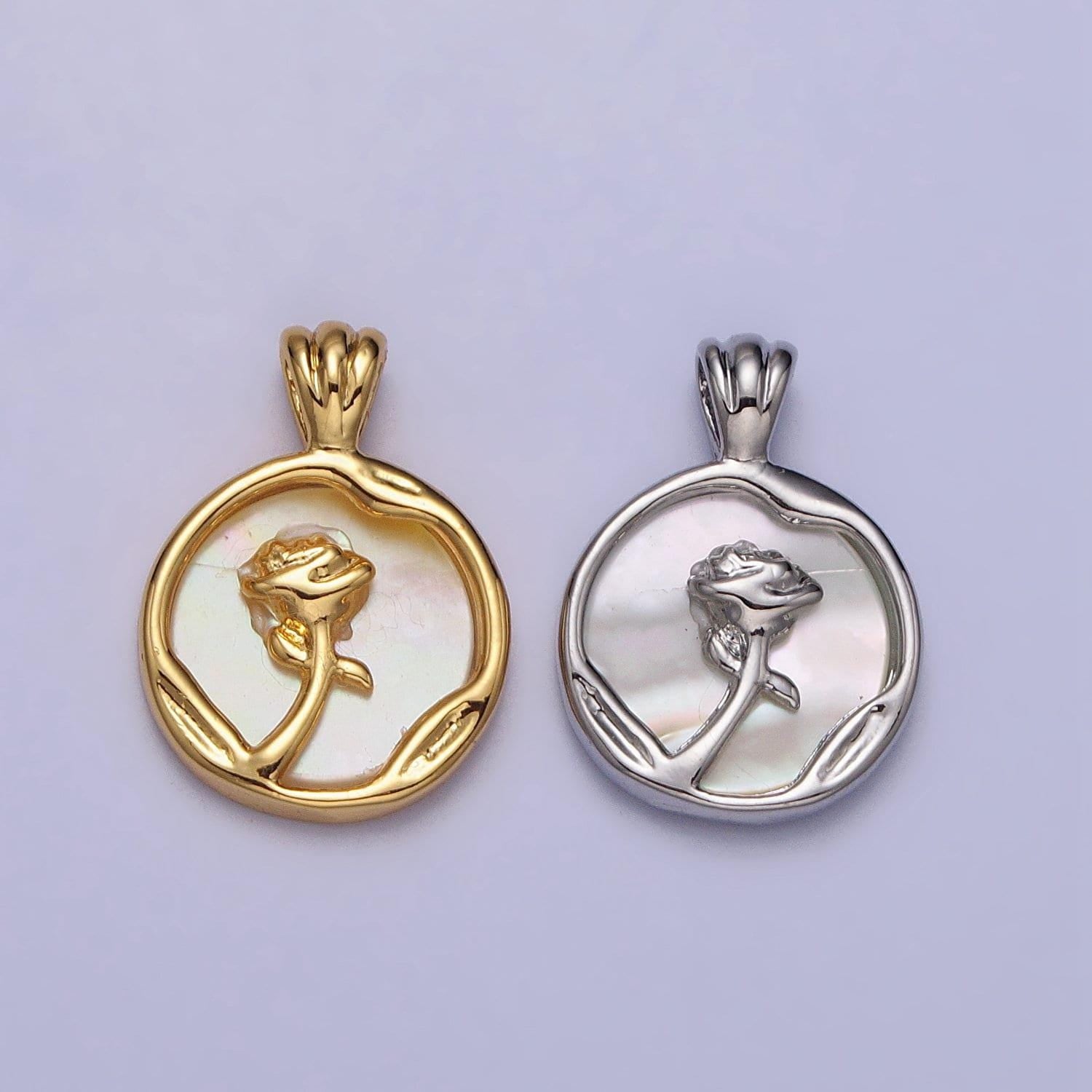 Dainty gold rose flower shell pearl coin pendant gold medallion charm | aa095
