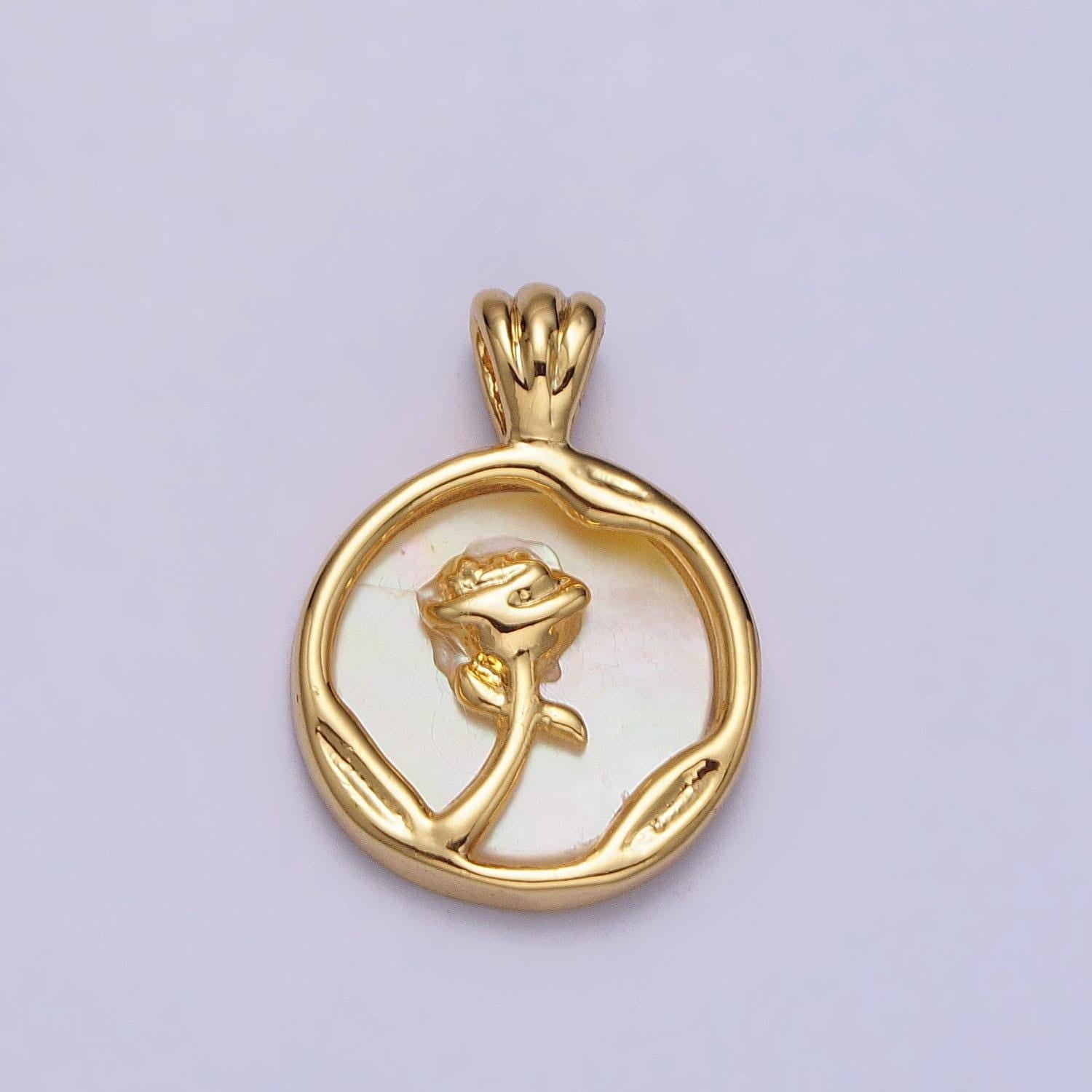 Dainty gold rose flower shell pearl coin pendant gold medallion charm | aa095
