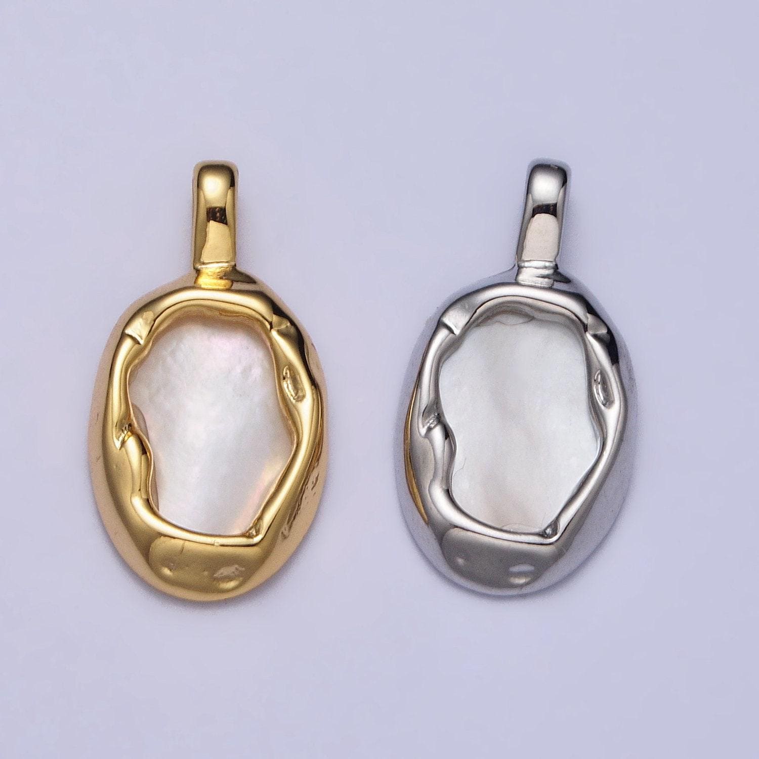 Abstract oval shell pearl hammered framed pendant in gold & silver | aa093 aa094