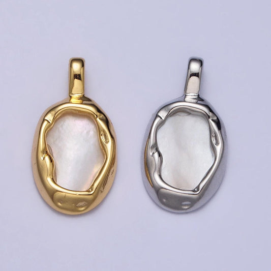 Abstract oval shell pearl hammered framed pendant in gold & silver | aa093 aa094