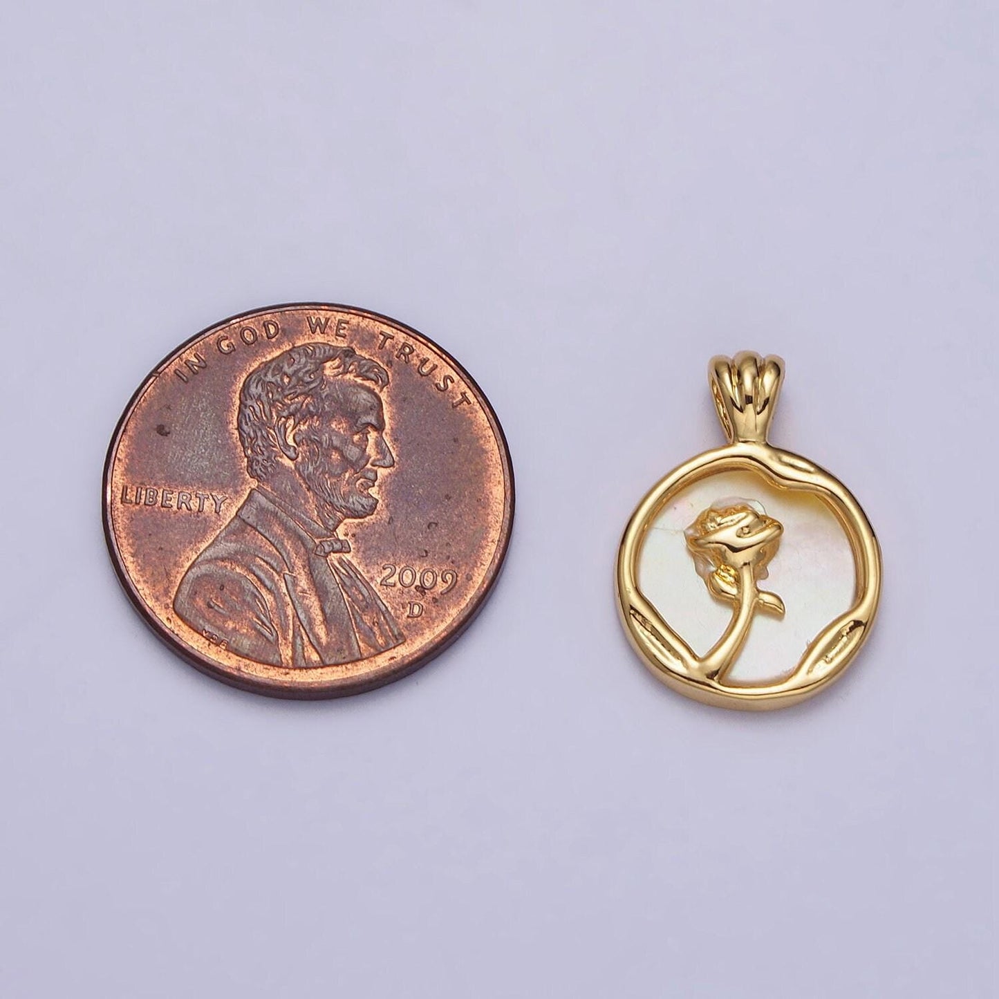 Dainty gold rose flower shell pearl coin pendant gold medallion charm | aa095